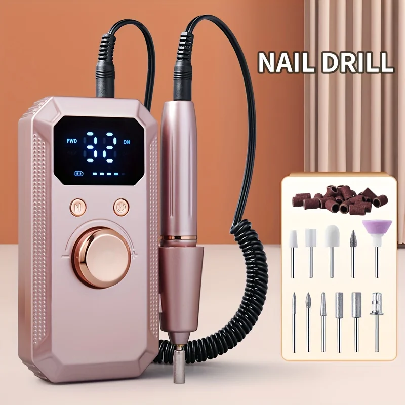 Rechargeable Electric Nail Drill Machine, Professional Nail Polisher with 11 Nail Drill Bits & 20 Sanding Bands, High Speed Manicure Tool for Salon & Home Use, Perfect Gift for Women