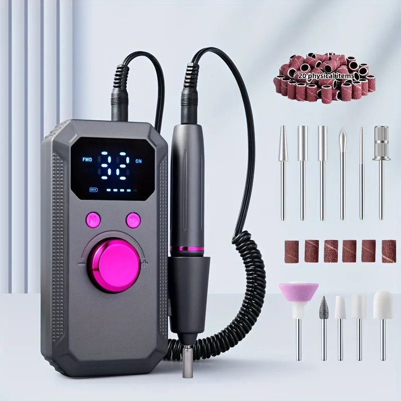 Rechargeable Electric Nail Drill Machine, Professional Nail Polisher with 11 Nail Drill Bits & 20 Sanding Bands, High Speed Manicure Tool for Salon & Home Use, Perfect Gift for Women