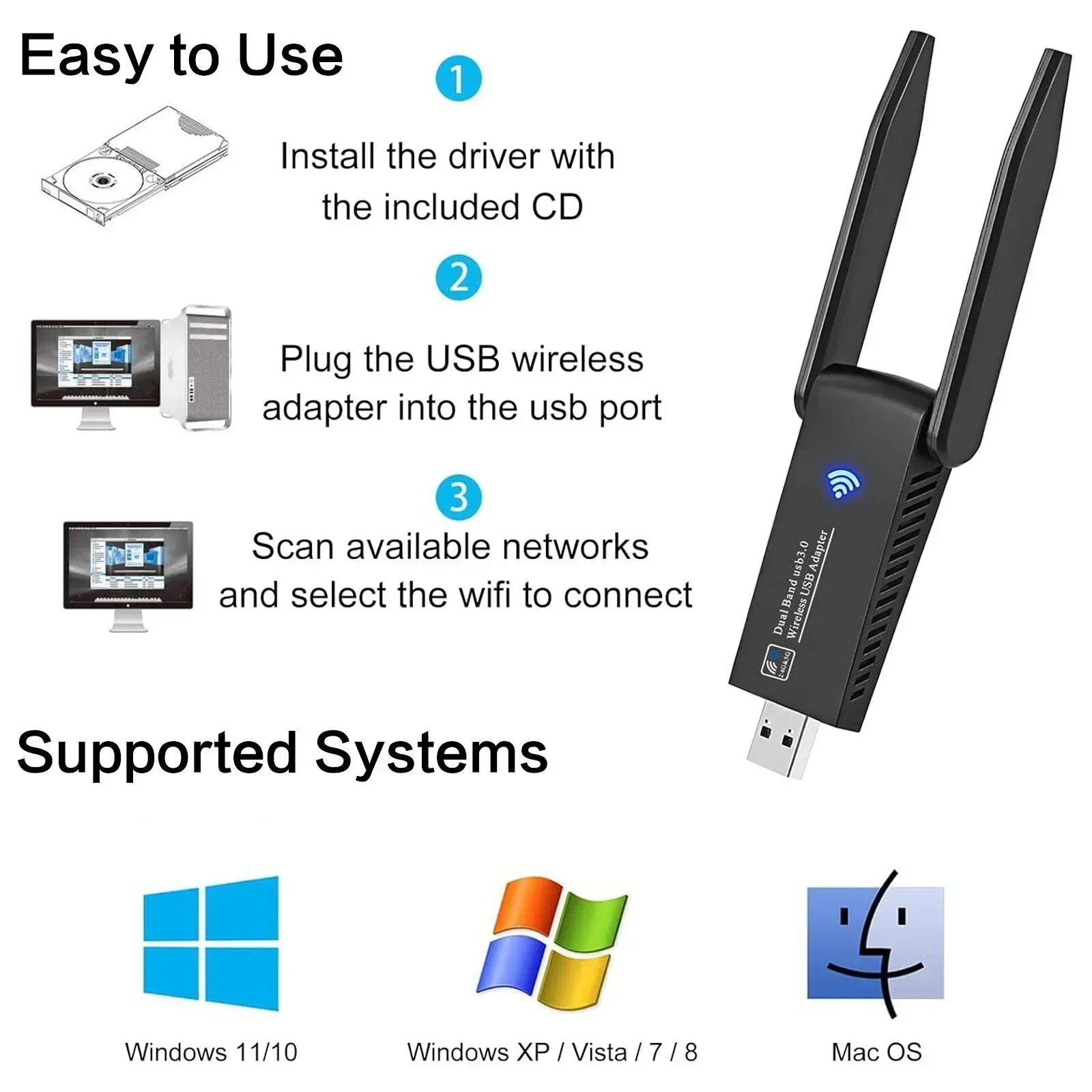 USB 3.0 WiFi Adapter 1300Mbps Dual Band 5GHz 2.4GHz High Gain Antenna Long Range Wireless Network Card for PC Laptop Desktop Windows 11 10 8 7 Vista XP Compatible with AC1300 802.11ac Internet Receiver