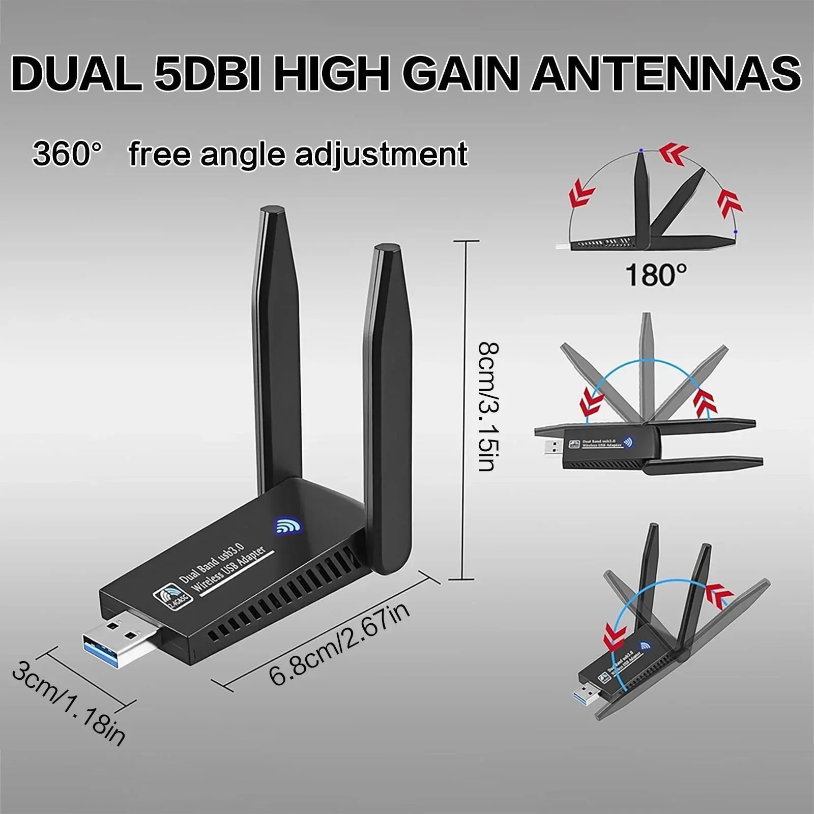 USB 3.0 WiFi Adapter 1300Mbps Dual Band 5GHz 2.4GHz High Gain Antenna Long Range Wireless Network Card for PC Laptop Desktop Windows 11 10 8 7 Vista XP Compatible with AC1300 802.11ac Internet Receiver