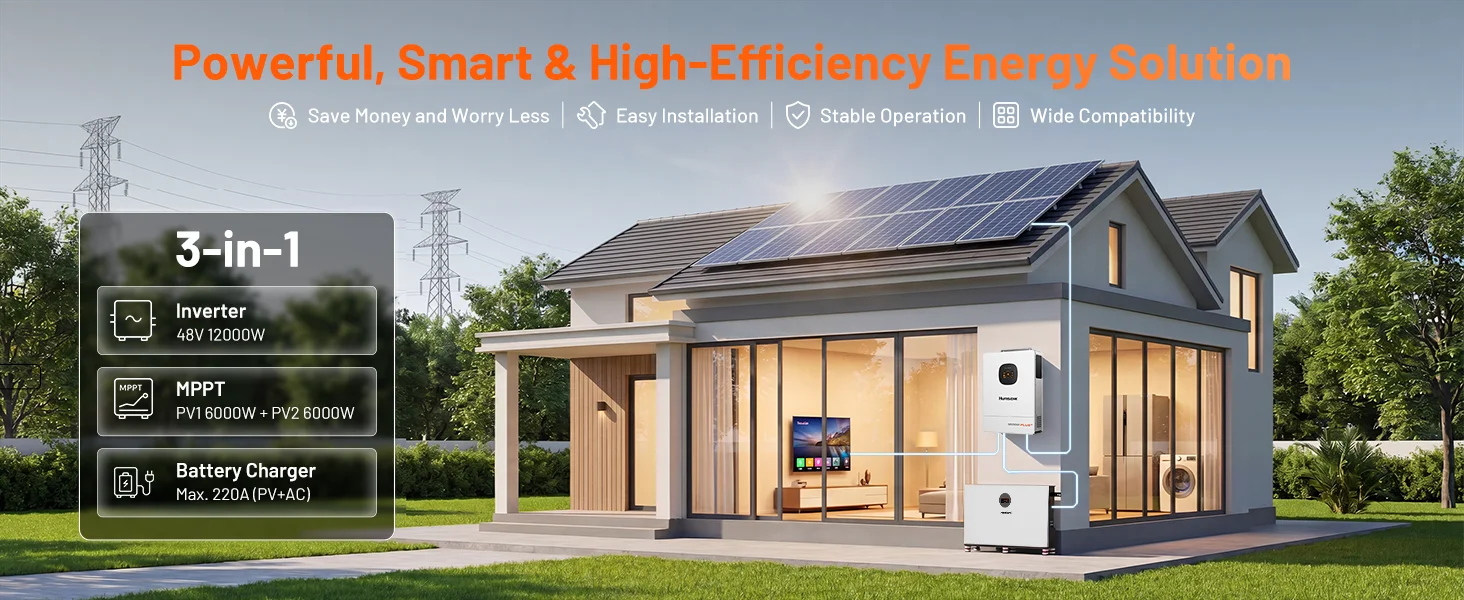 Humsienk 48V 12KW/8KW 3-in-1 Solar Hybrid Inverter, Dual MPPT, 120V/240V Split/Single Phase, 12kW Pure Sine Wave Output, Safety Protections, With USB/RS485/CAN, LCD Display & Remote Monitoring For Off-Grid System