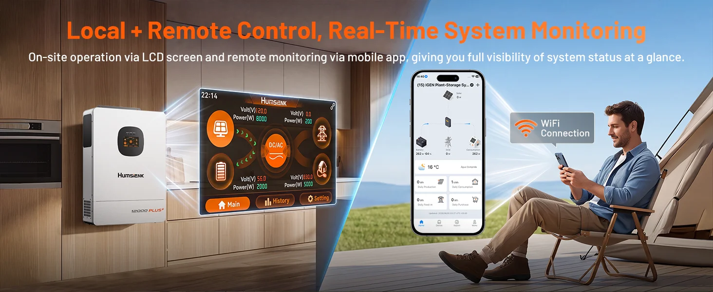 Humsienk 48V 12KW/8KW 3-in-1 Solar Hybrid Inverter, Dual MPPT, 120V/240V Split/Single Phase, 12kW Pure Sine Wave Output, Safety Protections, With USB/RS485/CAN, LCD Display & Remote Monitoring For Off-Grid System