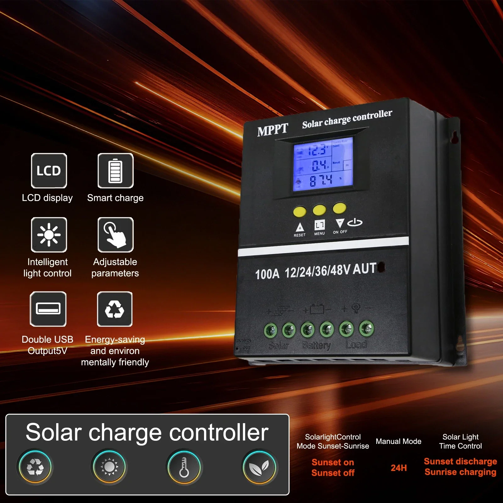 100A Solar Charge Controller Tools 12V 24V 36V 48V Battery PV Regulator US Stock Auto Voltage Match Multi Protection For Lead Acid Lithium Battery RV Home Boat Off Grid Solar Power System Durable Safe Solar Control Accessory