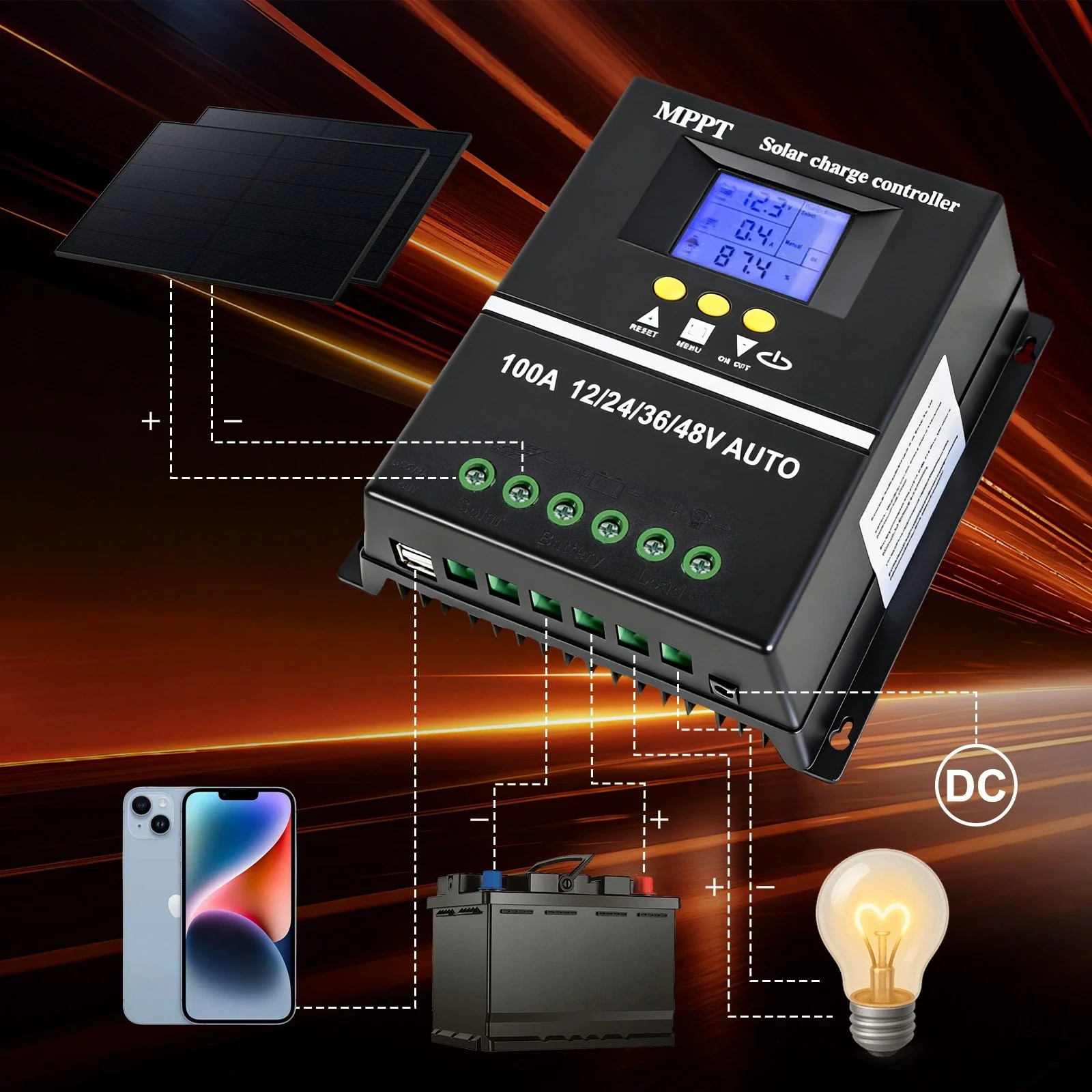100A Solar Charge Controller Tools 12V 24V 36V 48V Battery PV Regulator US Stock Auto Voltage Match Multi Protection For Lead Acid Lithium Battery RV Home Boat Off Grid Solar Power System Durable Safe Solar Control Accessory