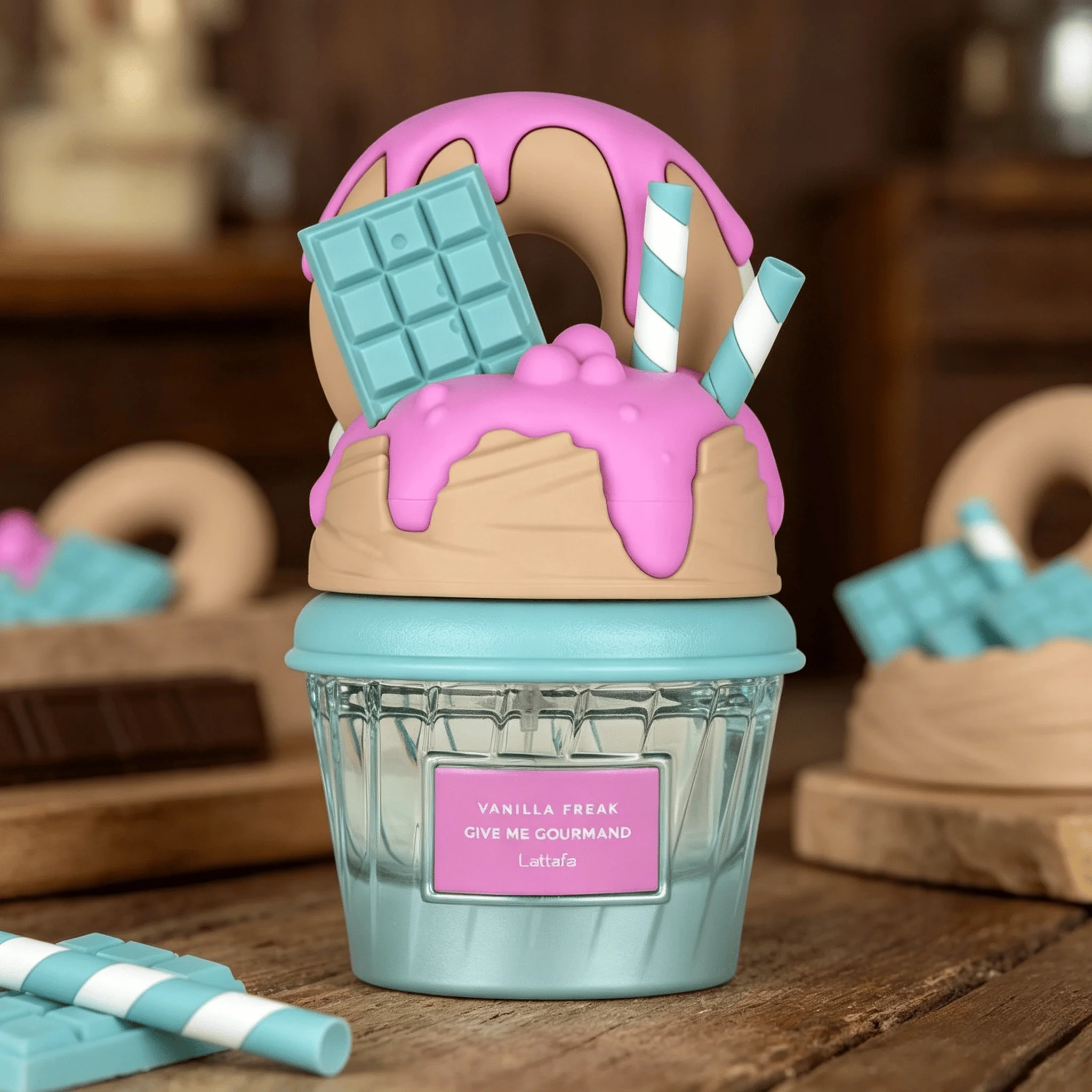 Lattafa Vanilla Freak Give Me Gourmand Eau de Parfum Long Lasting Sweet Rich Vanilla Cream Chocolate Dessert Fragrance Women Perfume Cute 3D Donut Ice Cream Cup Bottle Turquoise Gourmand Scent Birthday Holiday Gift for Ladies