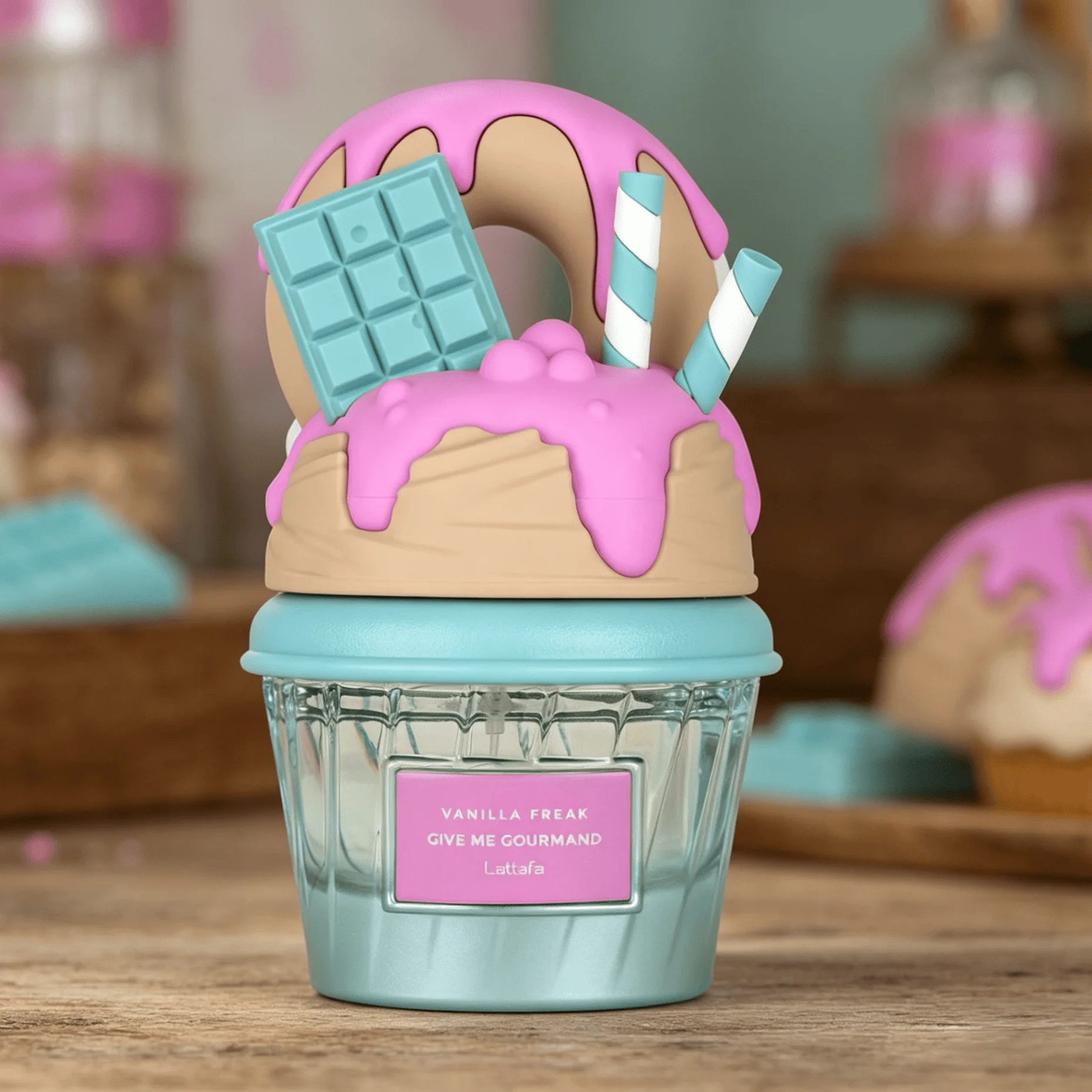 Lattafa Vanilla Freak Give Me Gourmand Eau de Parfum Long Lasting Sweet Rich Vanilla Cream Chocolate Dessert Fragrance Women Perfume Cute 3D Donut Ice Cream Cup Bottle Turquoise Gourmand Scent Birthday Holiday Gift for Ladies