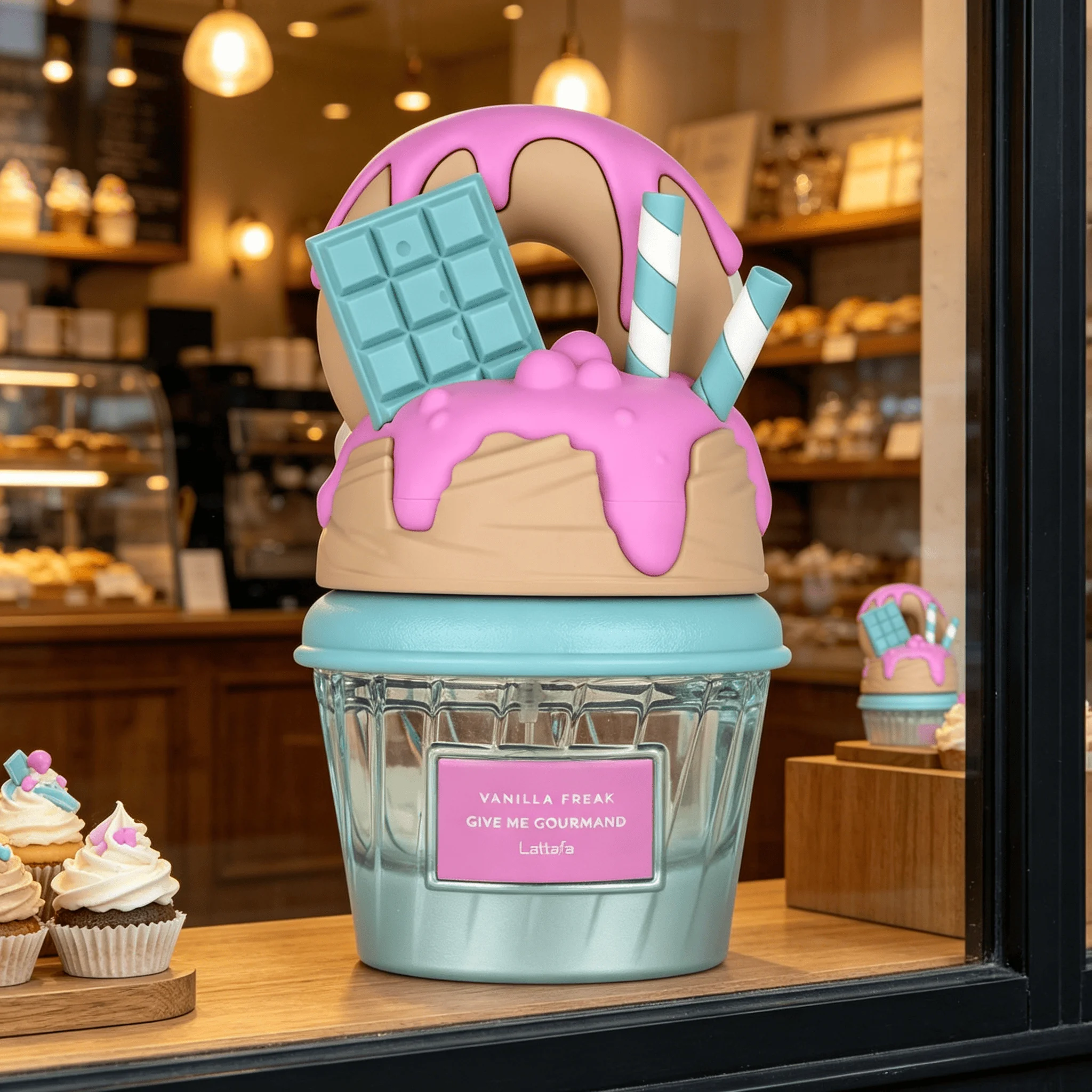 Lattafa Vanilla Freak Give Me Gourmand Eau de Parfum Long Lasting Sweet Rich Vanilla Cream Chocolate Dessert Fragrance Women Perfume Cute 3D Donut Ice Cream Cup Bottle Turquoise Gourmand Scent Birthday Holiday Gift for Ladies