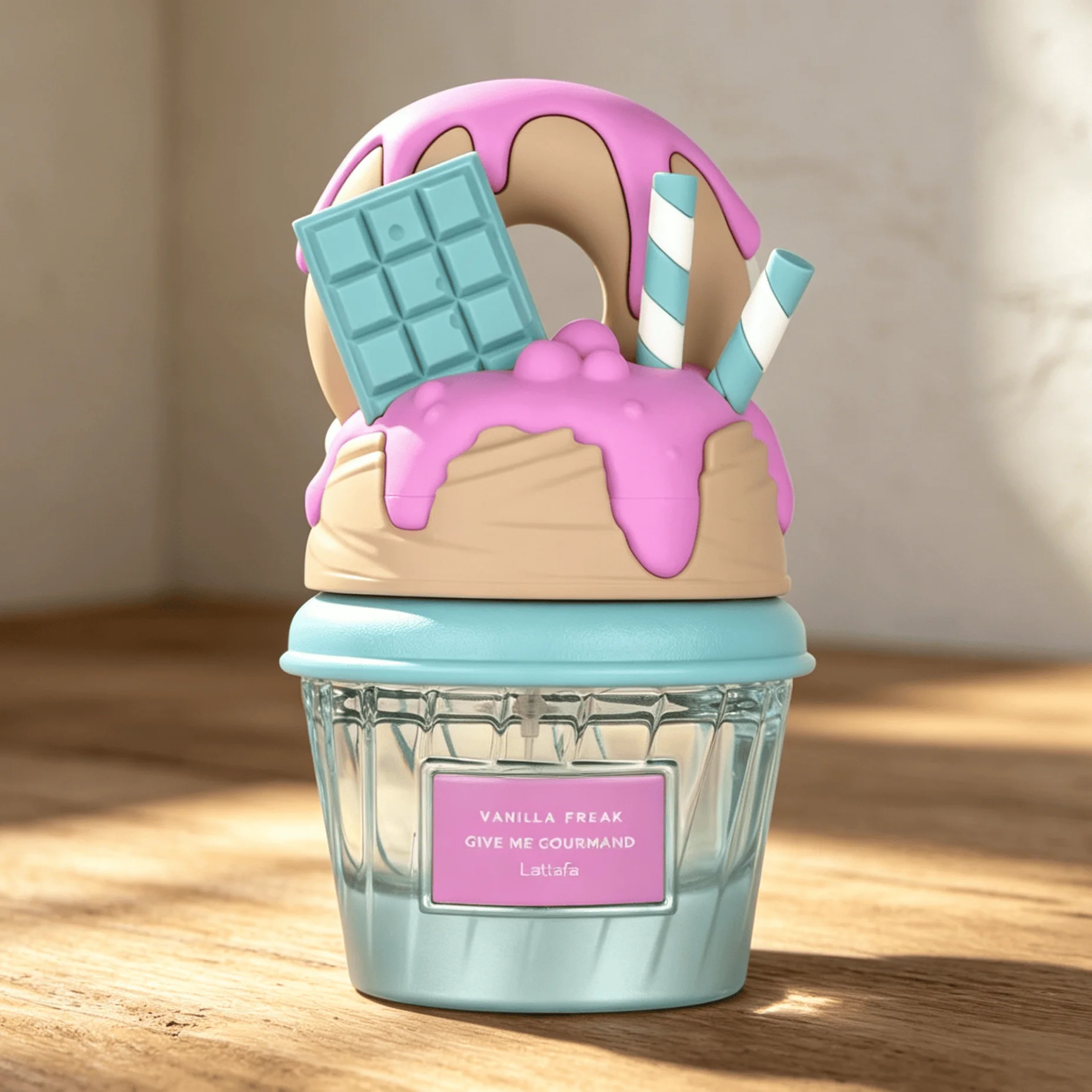 Lattafa Vanilla Freak Give Me Gourmand Eau de Parfum Long Lasting Sweet Rich Vanilla Cream Chocolate Dessert Fragrance Women Perfume Cute 3D Donut Ice Cream Cup Bottle Turquoise Gourmand Scent Birthday Holiday Gift for Ladies