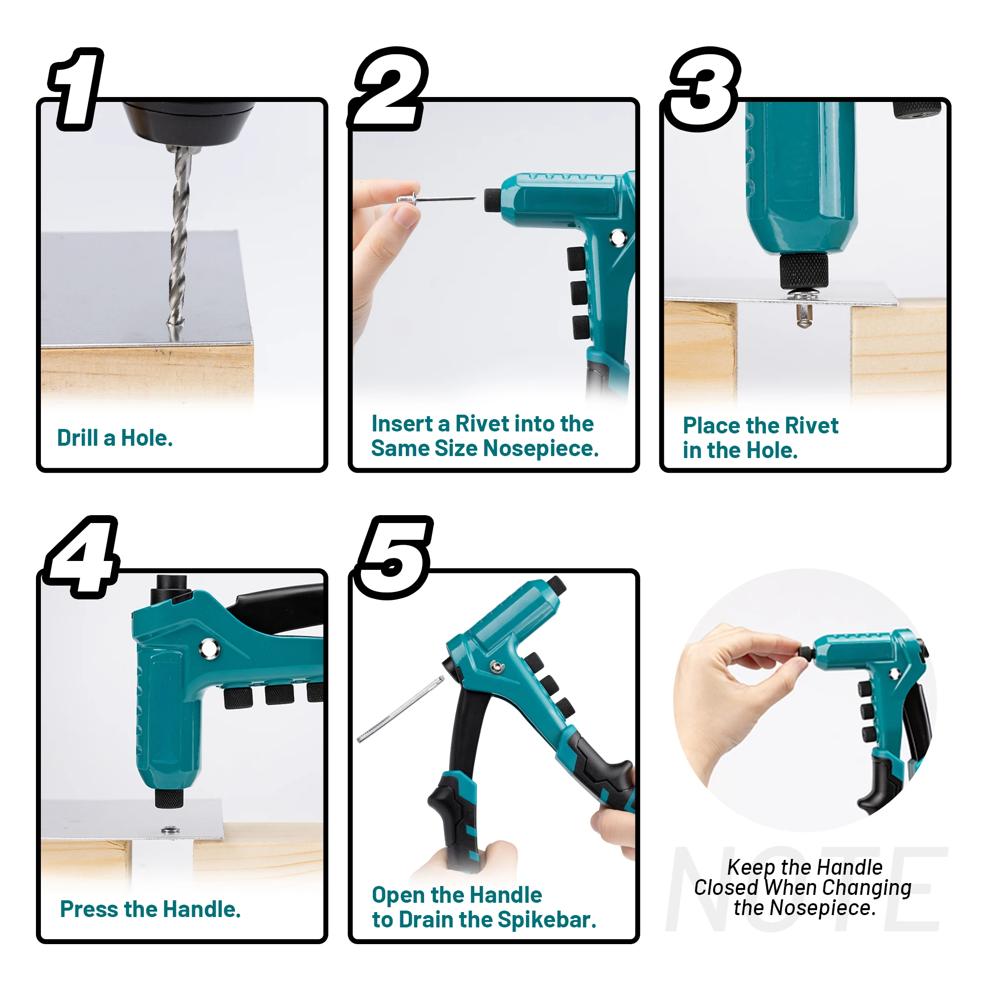 One-Handed Rivet Gun, Pop Rivet Gun Set, Professional Hand Riveter, Manual Riveting Tool with 200 Rivets for Metal, Includes 4 Drill Bits, 4 Tool-Free Interchangeable Heads, Storage Case
