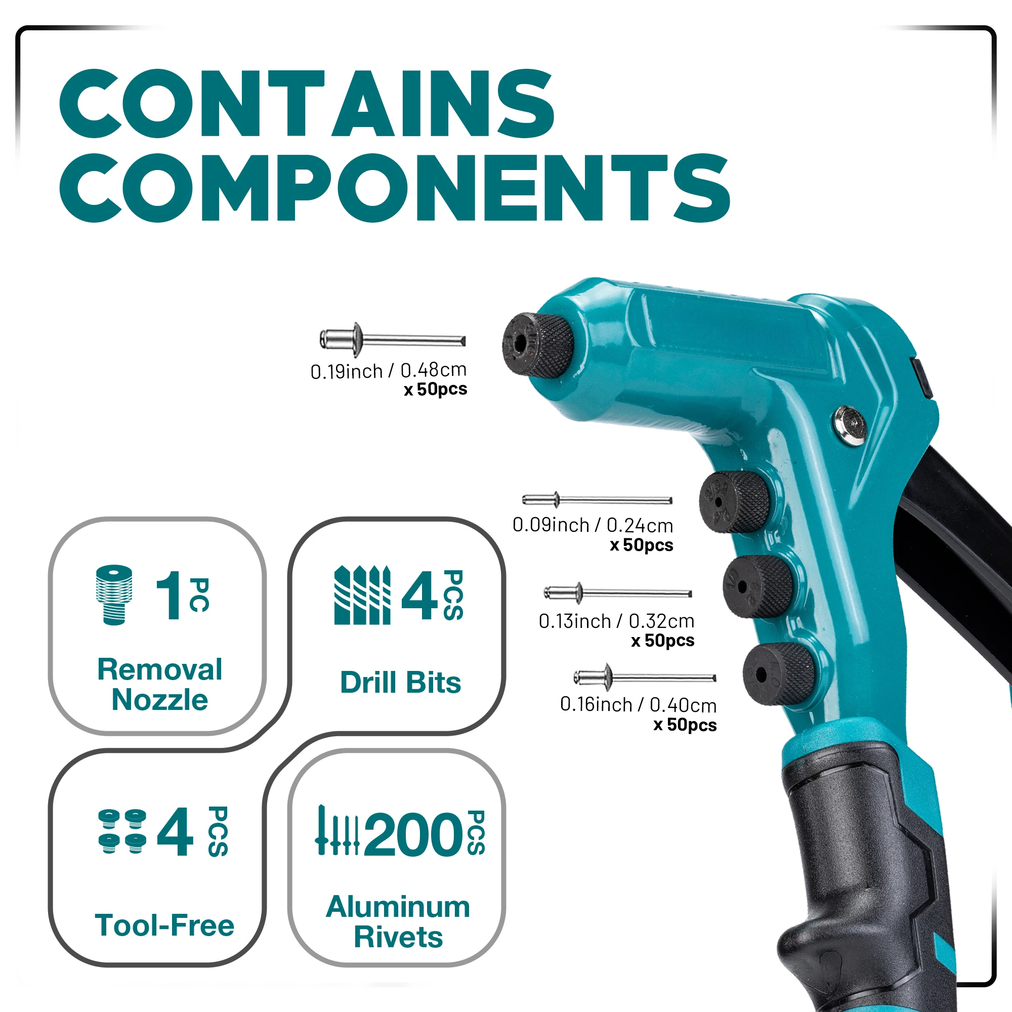 One-Handed Rivet Gun, Pop Rivet Gun Set, Professional Hand Riveter, Manual Riveting Tool with 200 Rivets for Metal, Includes 4 Drill Bits, 4 Tool-Free Interchangeable Heads, Storage Case
