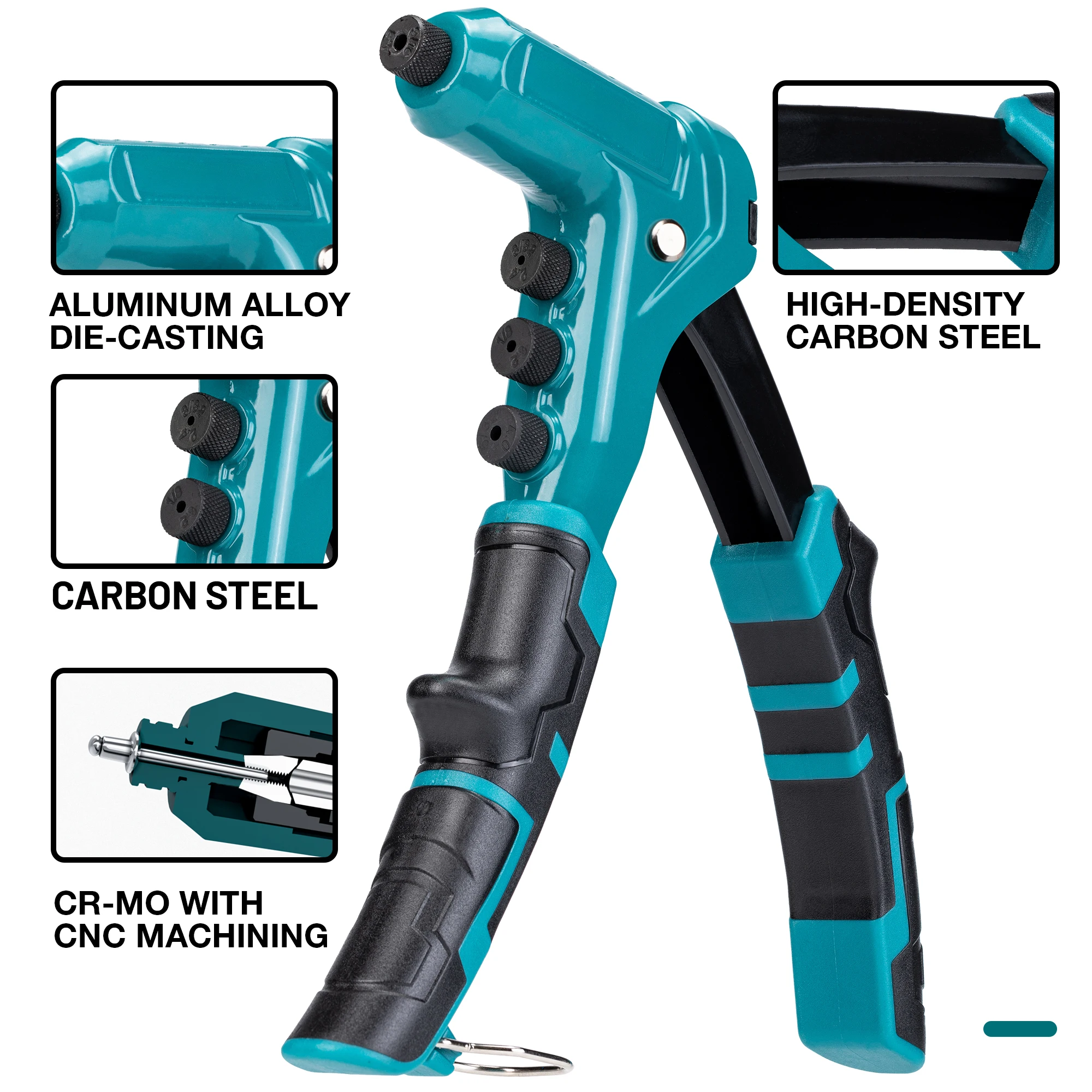 One-Handed Rivet Gun, Pop Rivet Gun Set, Professional Hand Riveter, Manual Riveting Tool with 200 Rivets for Metal, Includes 4 Drill Bits, 4 Tool-Free Interchangeable Heads, Storage Case