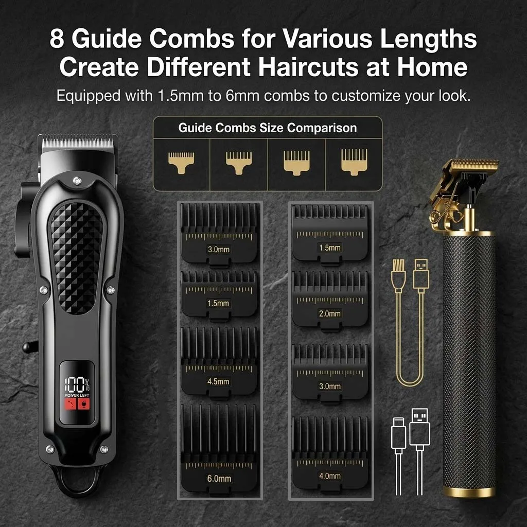 Professional 3-in-1 Electric Hair Clipper Set with LED Display, USB Rechargeable Cordless Trimmer for Men, Beard & Head Shaver Kit with Multiple Guide Combs