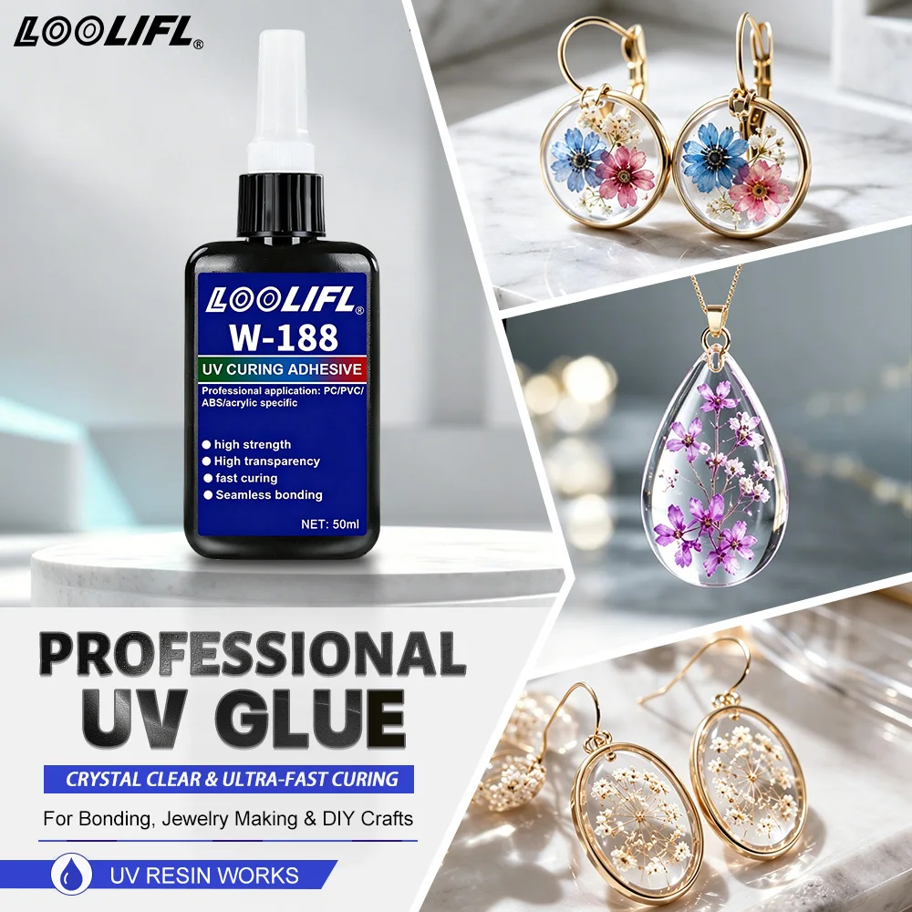 W-188 UV Glue Ultra Transparent Fast Curing UV Adhesive Low Odor Strong Bond for Acrylic Glass Phone Case Dried Flower Handmade Craft Jewelry Making