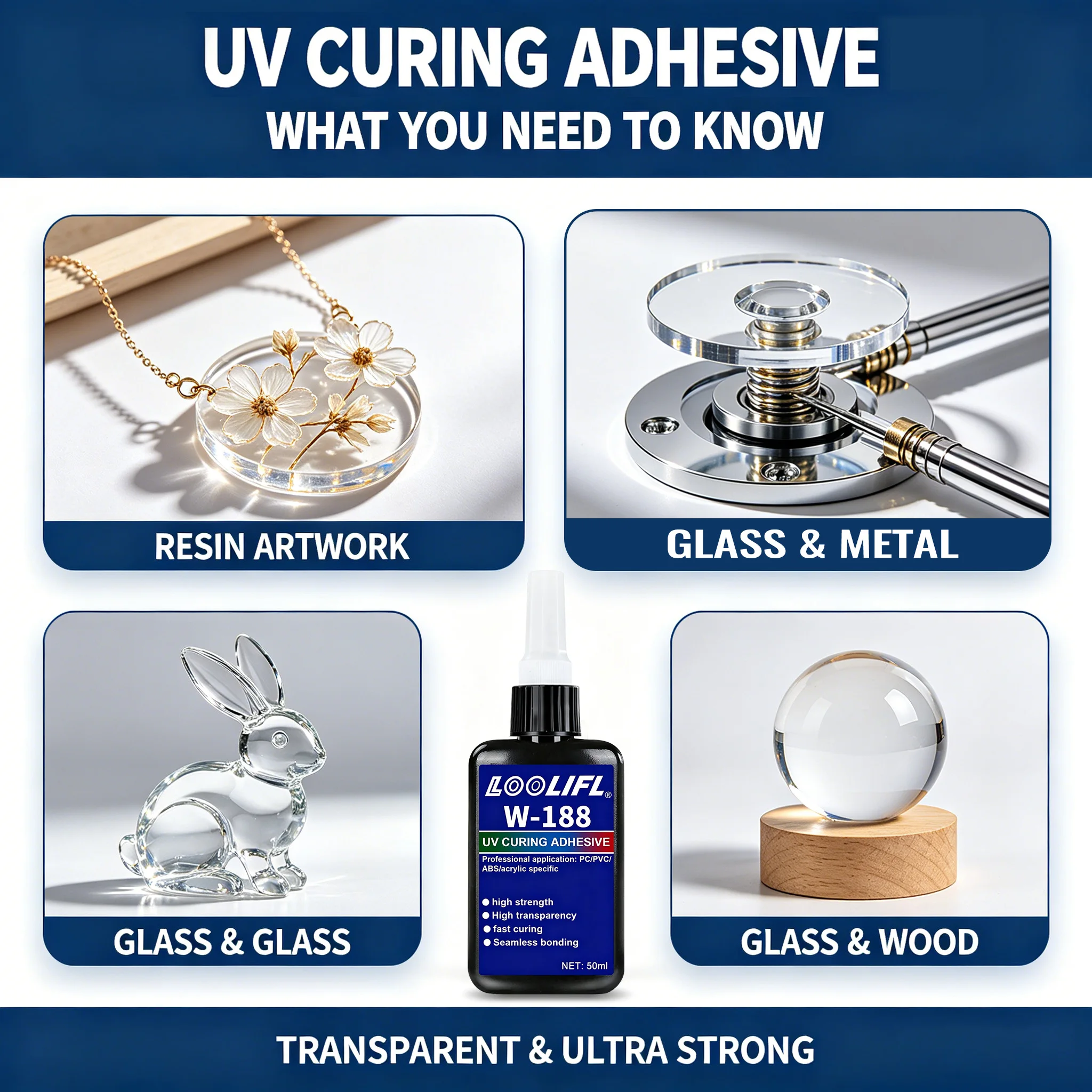 W-188 UV Glue Ultra Transparent Fast Curing UV Adhesive Low Odor Strong Bond for Acrylic Glass Phone Case Dried Flower Handmade Craft Jewelry Making