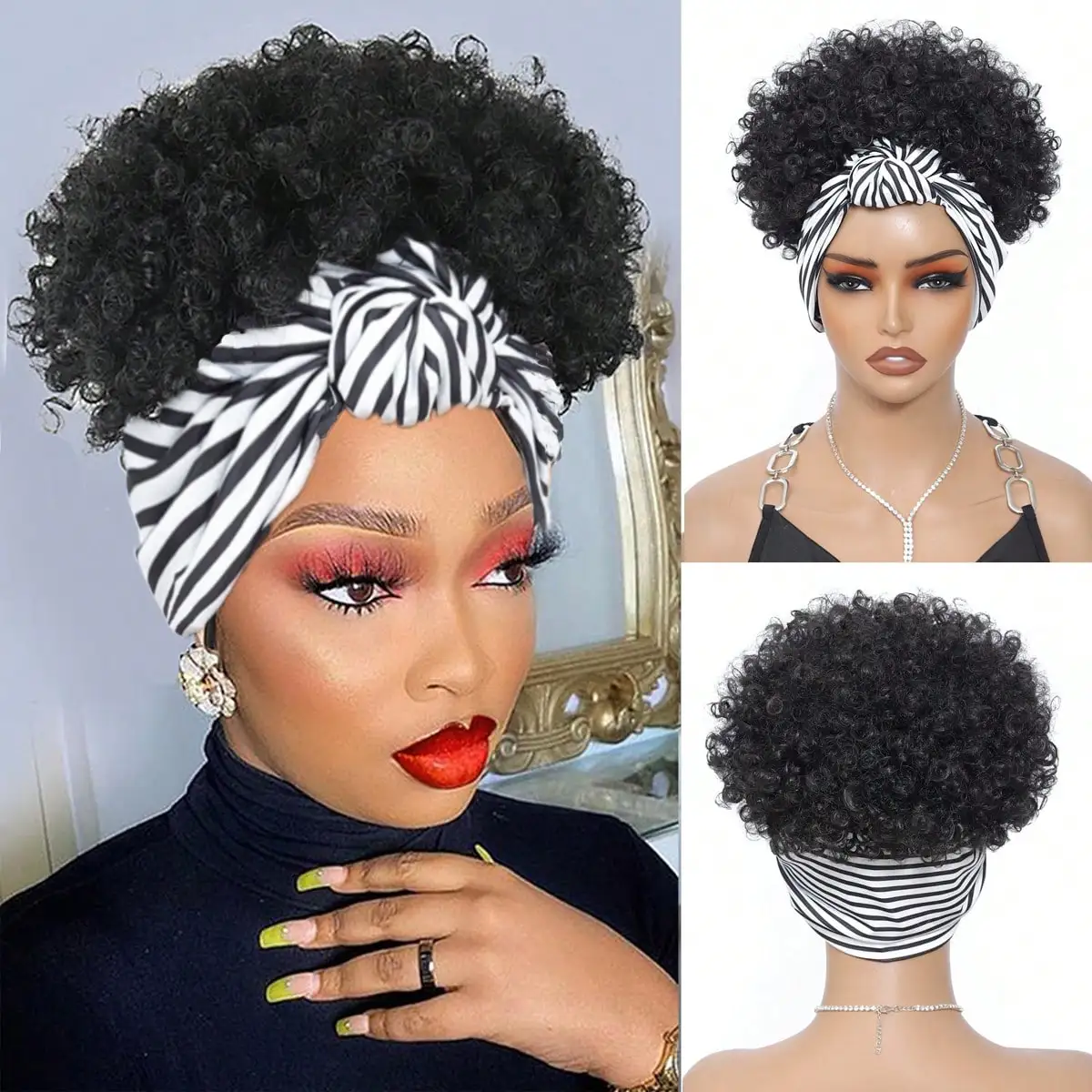 Women Afro Kinky Curly Wig With Synthetic Short Hair Wigs With Headband Attached Headwrap Wigs Kinky Curly Headband Wig