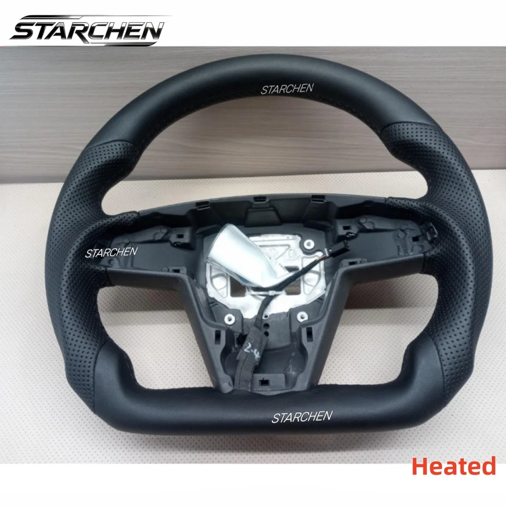 Flat-Bottom Full Black Leather Steering Wheel for Tesla Model X Model S 2021-2023 with Heated