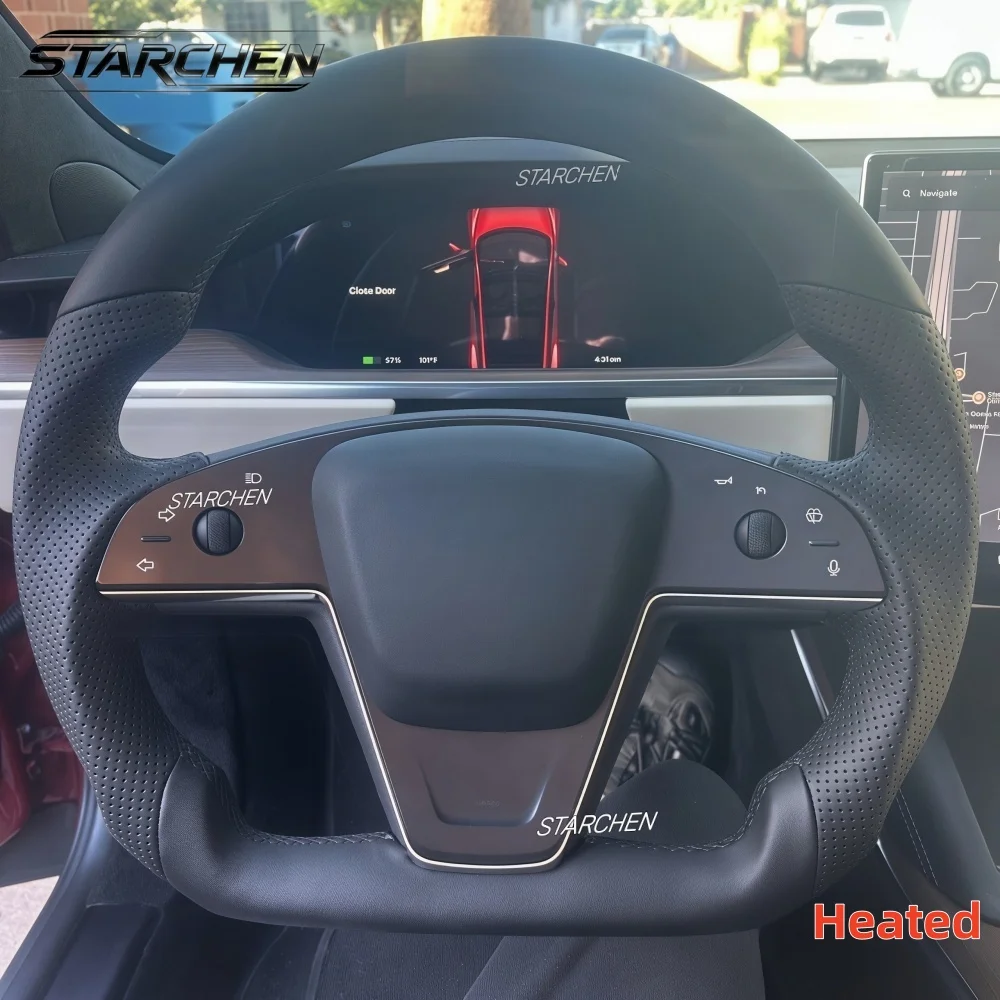 Flat-Bottom Full Black Leather Steering Wheel for Tesla Model X Model S 2021-2023 with Heated