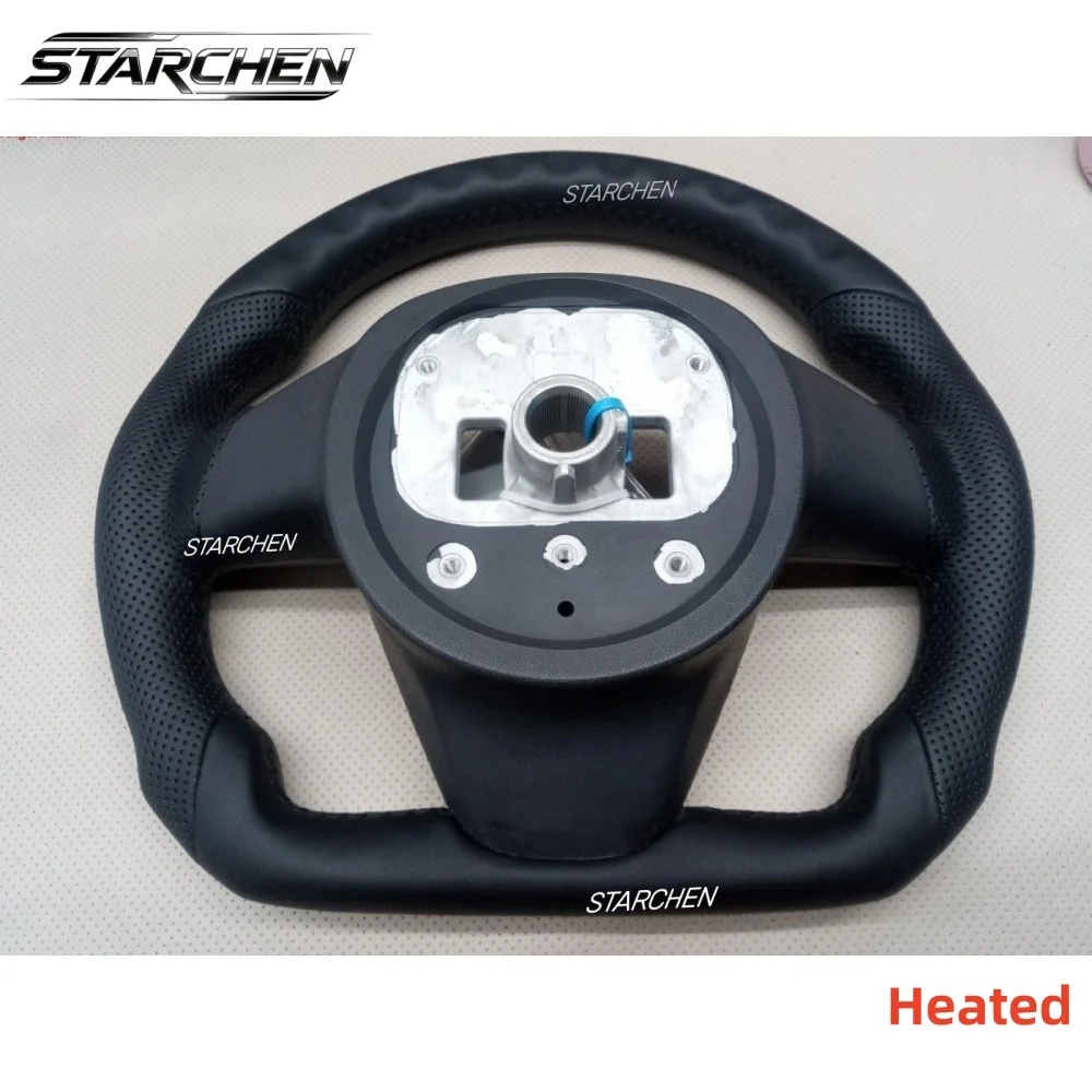 Flat-Bottom Full Black Leather Steering Wheel for Tesla Model X Model S 2021-2023 with Heated