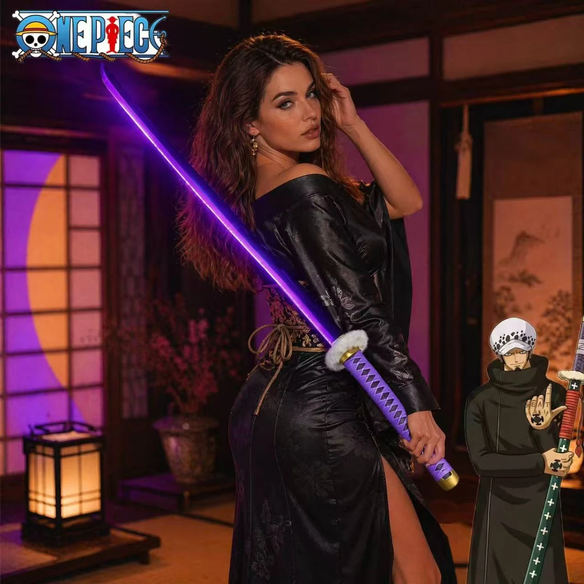 40.94Inch 104cm Plastic One Piece Trafalgar Law Glowing Great Katana Anime Cosplay Safe Blunt Sword Prop Purple Light Blade Collection Gift