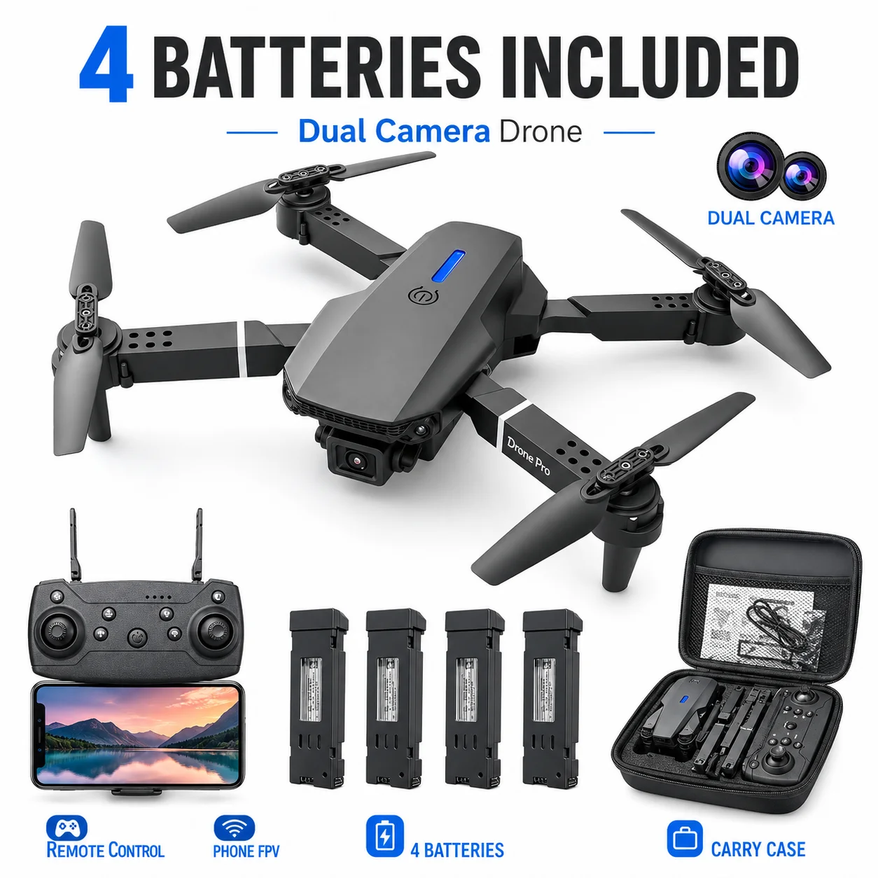 ZNLYRION 4K Dual Camera FPV Drone E88 Pro 15Mins Flight Time Foldable Quadcopter with Altitude Hold Headless Mode One-Key Takeoff/Landing