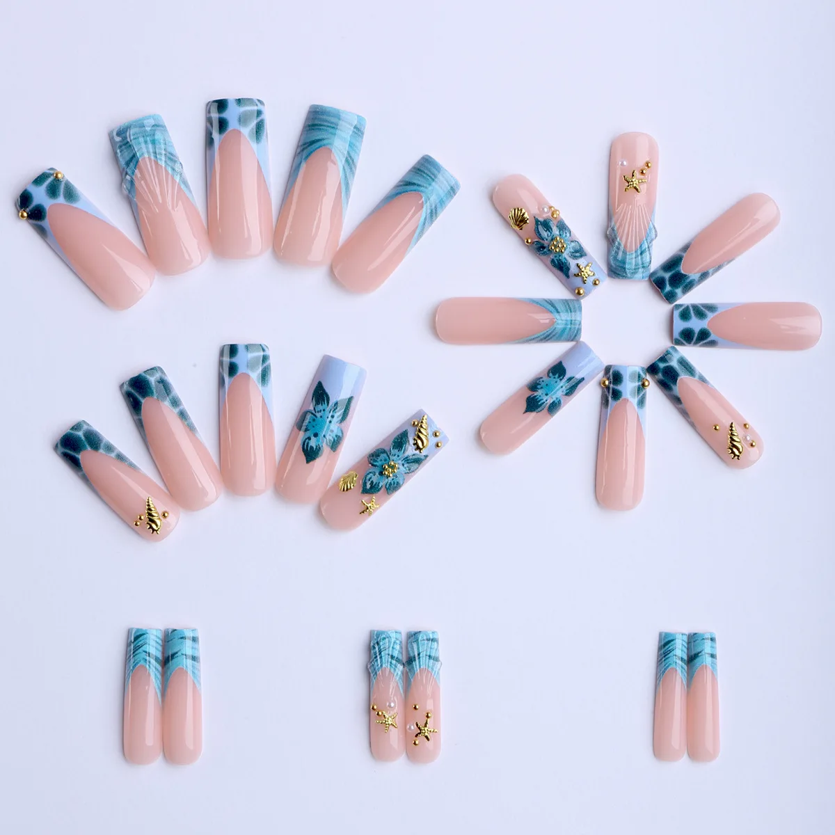 Ocean Blue Wave Coffin Press on Nails, 3D Starfish Shell Floral Handmade Fake Nails, Portable Summer Beach Accessory for Vacation Daily Styling