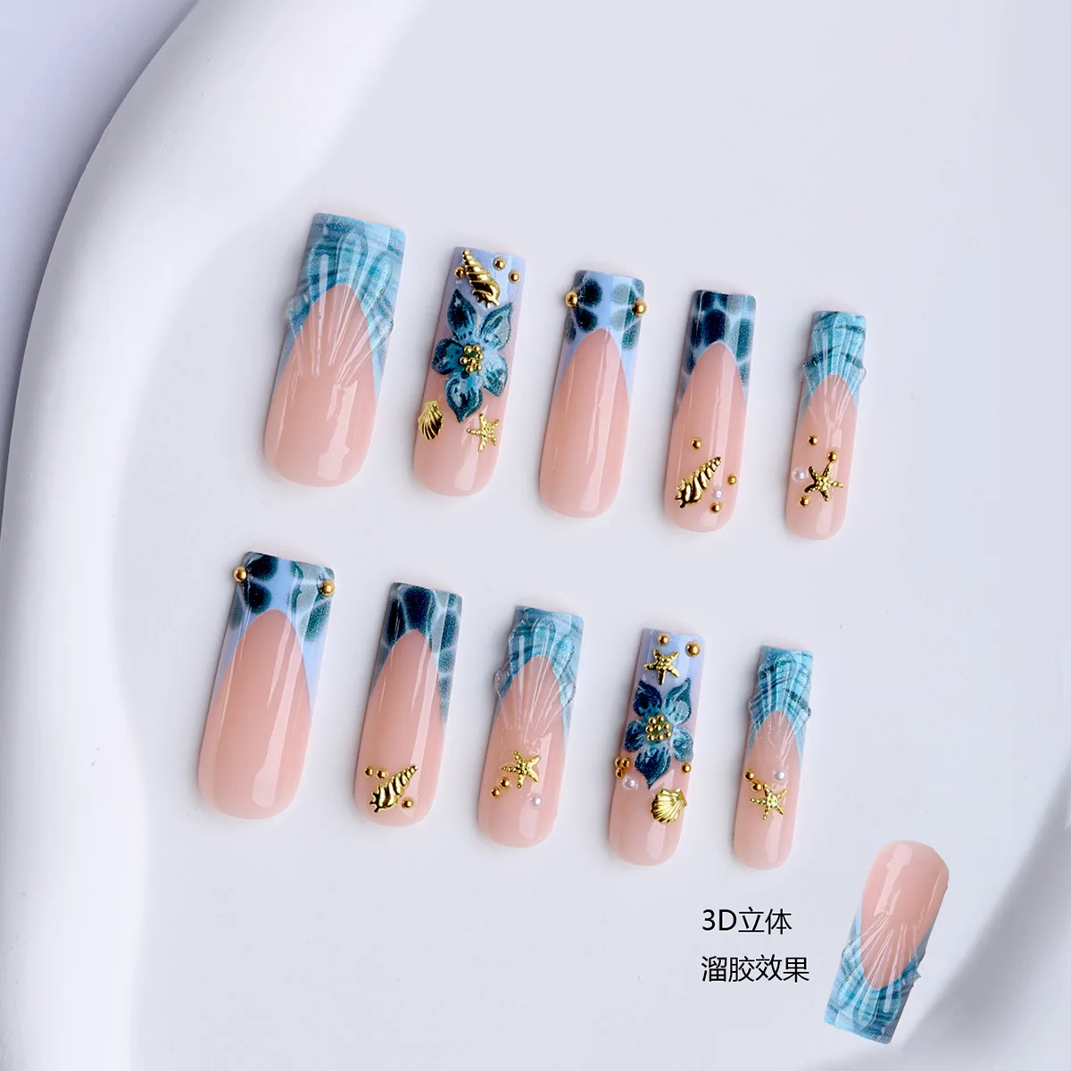 Ocean Blue Wave Coffin Press on Nails, 3D Starfish Shell Floral Handmade Fake Nails, Portable Summer Beach Accessory for Vacation Daily Styling