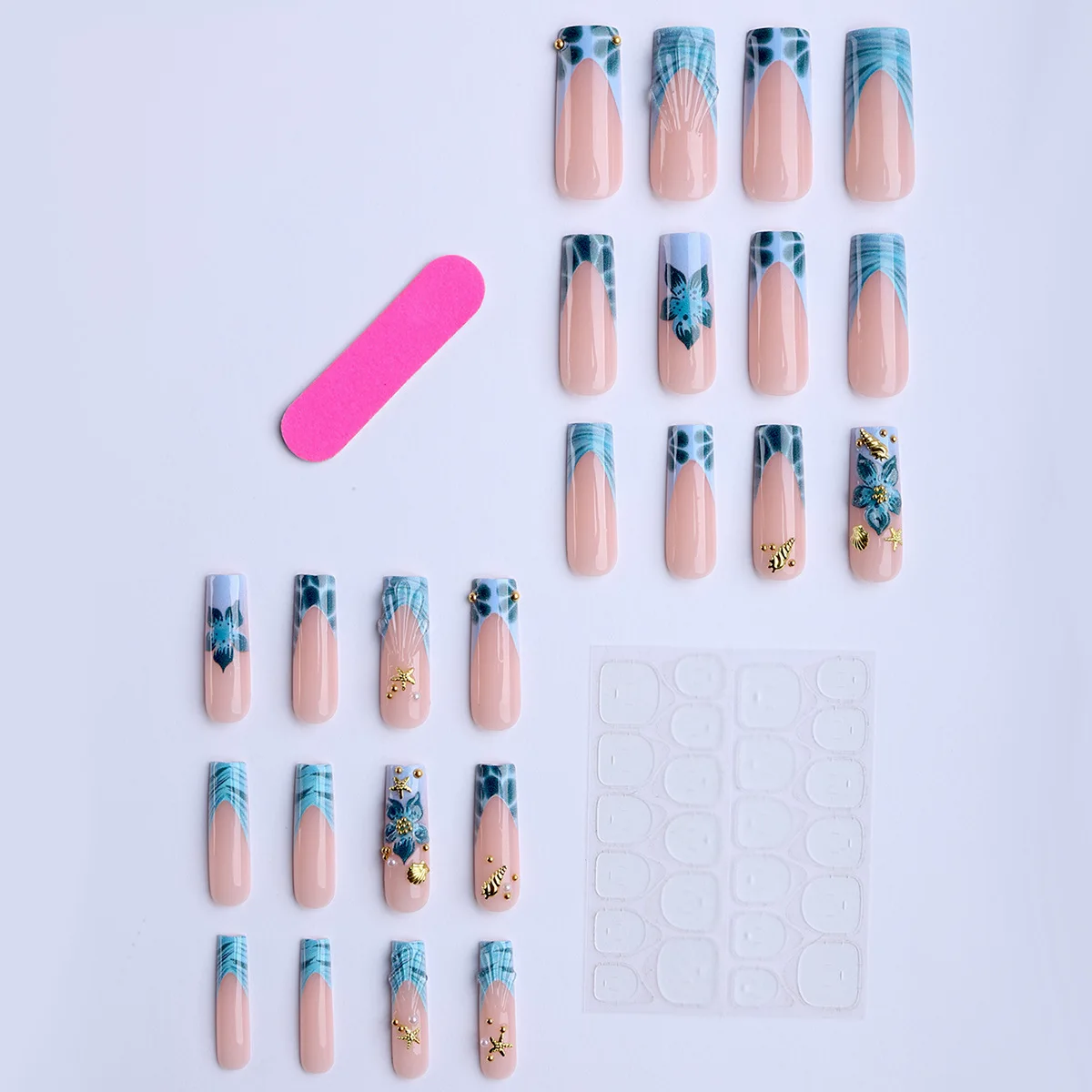 Ocean Blue Wave Coffin Press on Nails, 3D Starfish Shell Floral Handmade Fake Nails, Portable Summer Beach Accessory for Vacation Daily Styling