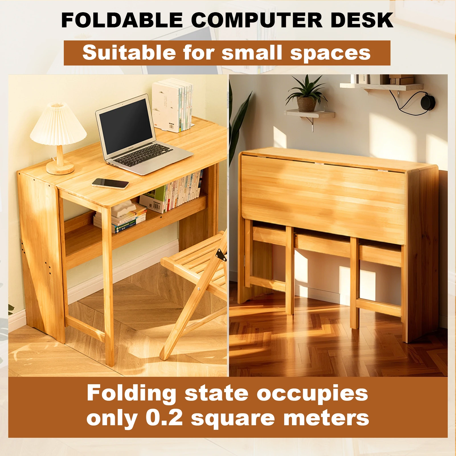 Bamboo Foldable Desk 40.6 Inch, Folding Desks for Small Spaces, Mid Century Small Computer Desk with Bookshelf for Bedroom Home Office, Brown, Primary Color