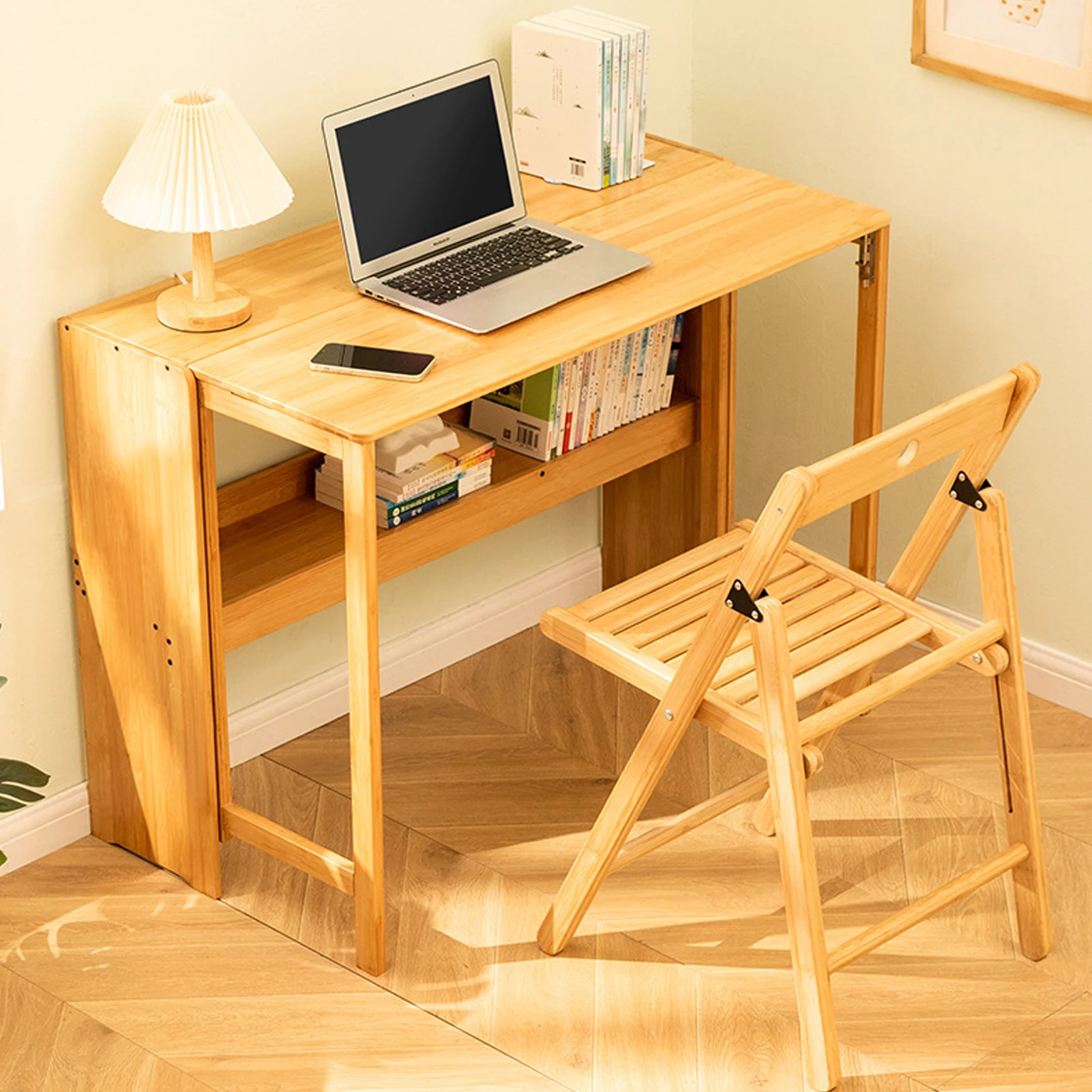 Bamboo Foldable Desk 40.6 Inch, Folding Desks for Small Spaces, Mid Century Small Computer Desk with Bookshelf for Bedroom Home Office, Brown, Primary Color