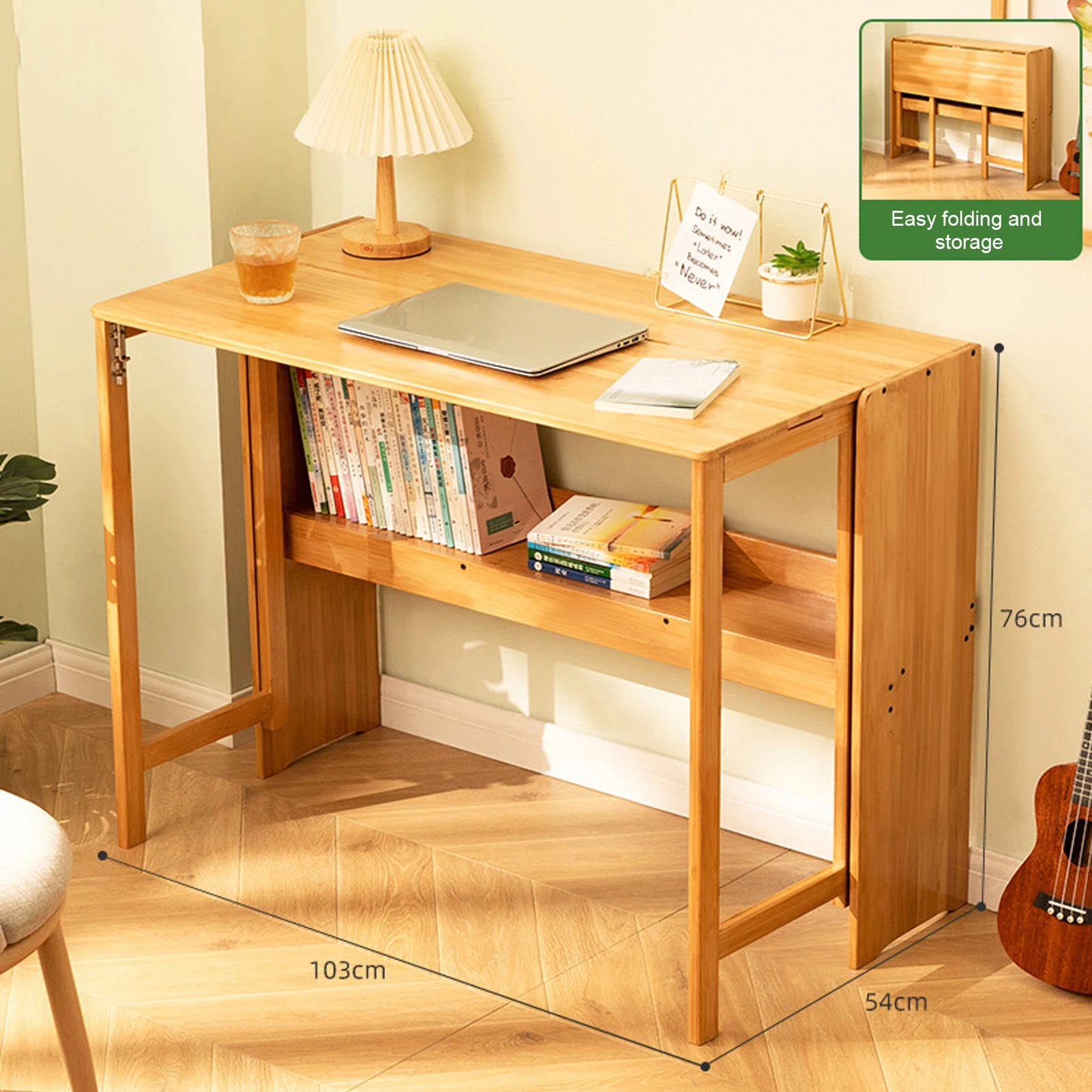 Bamboo Foldable Desk 40.6 Inch, Folding Desks for Small Spaces, Mid Century Small Computer Desk with Bookshelf for Bedroom Home Office, Brown, Primary Color