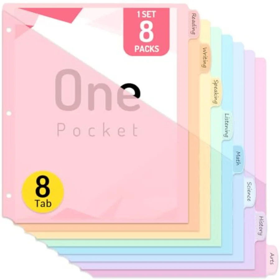 8 Count Dividers for 3 Ring Binder, 8 tabs Binder Dividers with Pocket for US Letter Size, Binder Dividers with Tabs for School