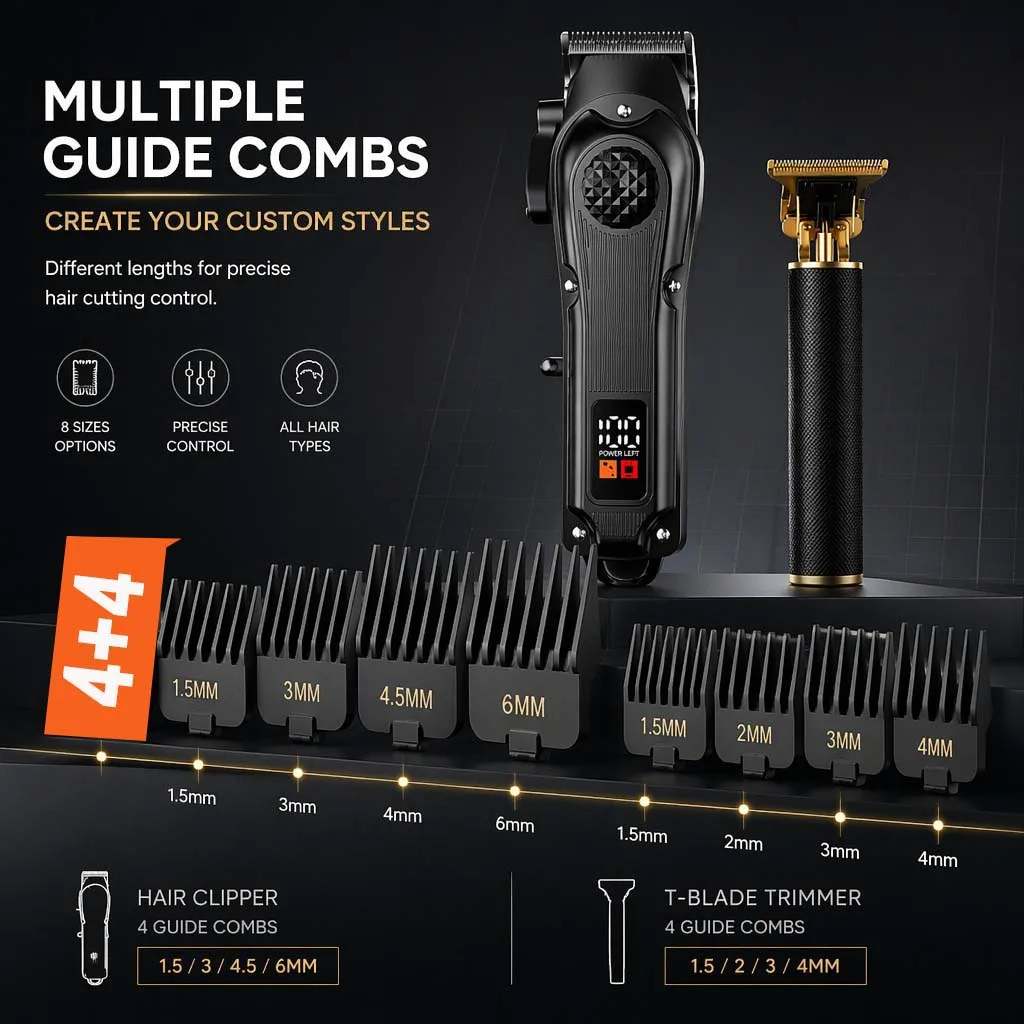 4-in-1 Men's Hair Clipper Set with LED Display, USB Rechargeable Beard & Nose Trimmer, Foil Shaver + 8 Combs for Home & Barber