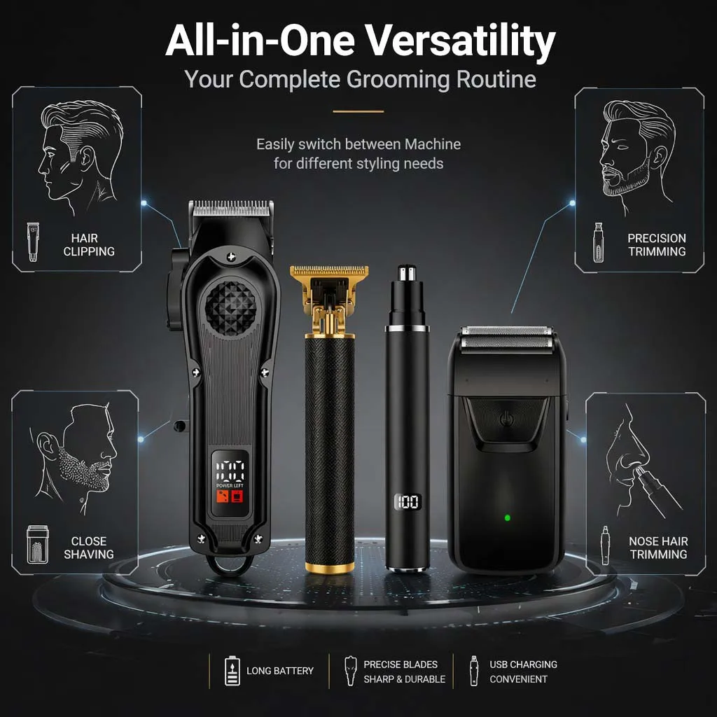 4-in-1 Men's Hair Clipper Set with LED Display, USB Rechargeable Beard & Nose Trimmer, Foil Shaver + 8 Combs for Home & Barber