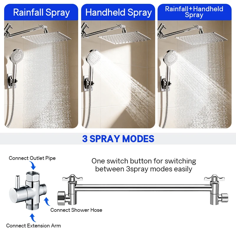 Stainless Steel 8 Inch Overhead Showerhead 7 Modes With Extension Arm Multi-function Hand Shower Wall Mounted Showerhead Set