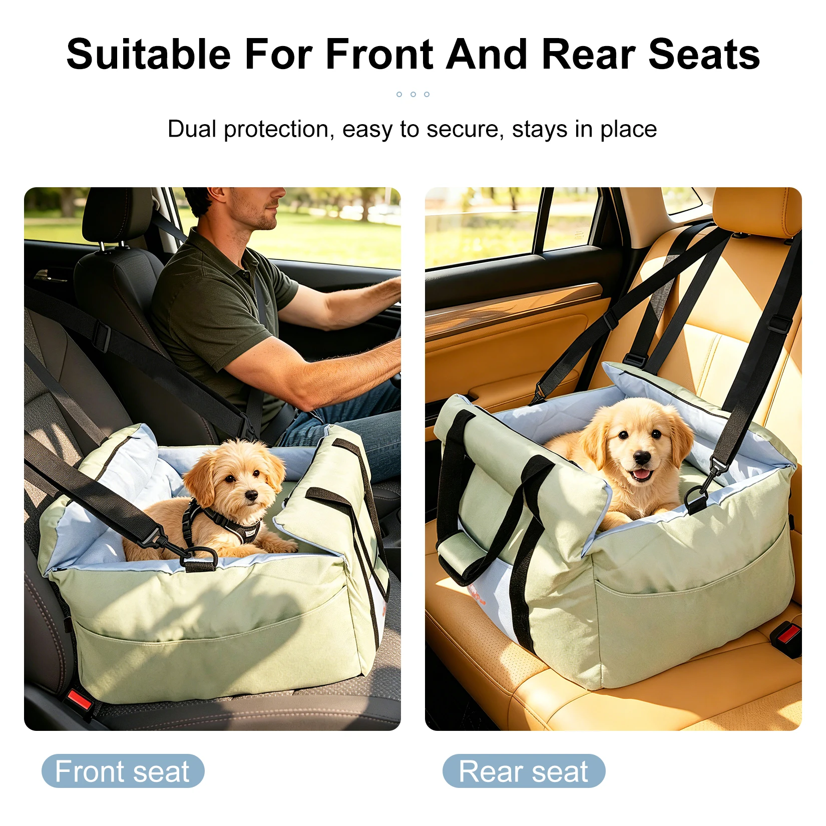 Portable Dog Car Seat Pet Dog Booster Seat Puppy Travel Carrier Bed with Safety Belt Storage Pocket Removable Washable Cover