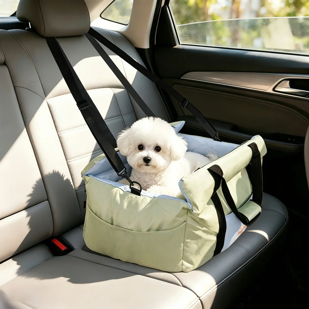 Portable Dog Car Seat Pet Dog Booster Seat Puppy Travel Carrier Bed with Safety Belt Storage Pocket Removable Washable Cover