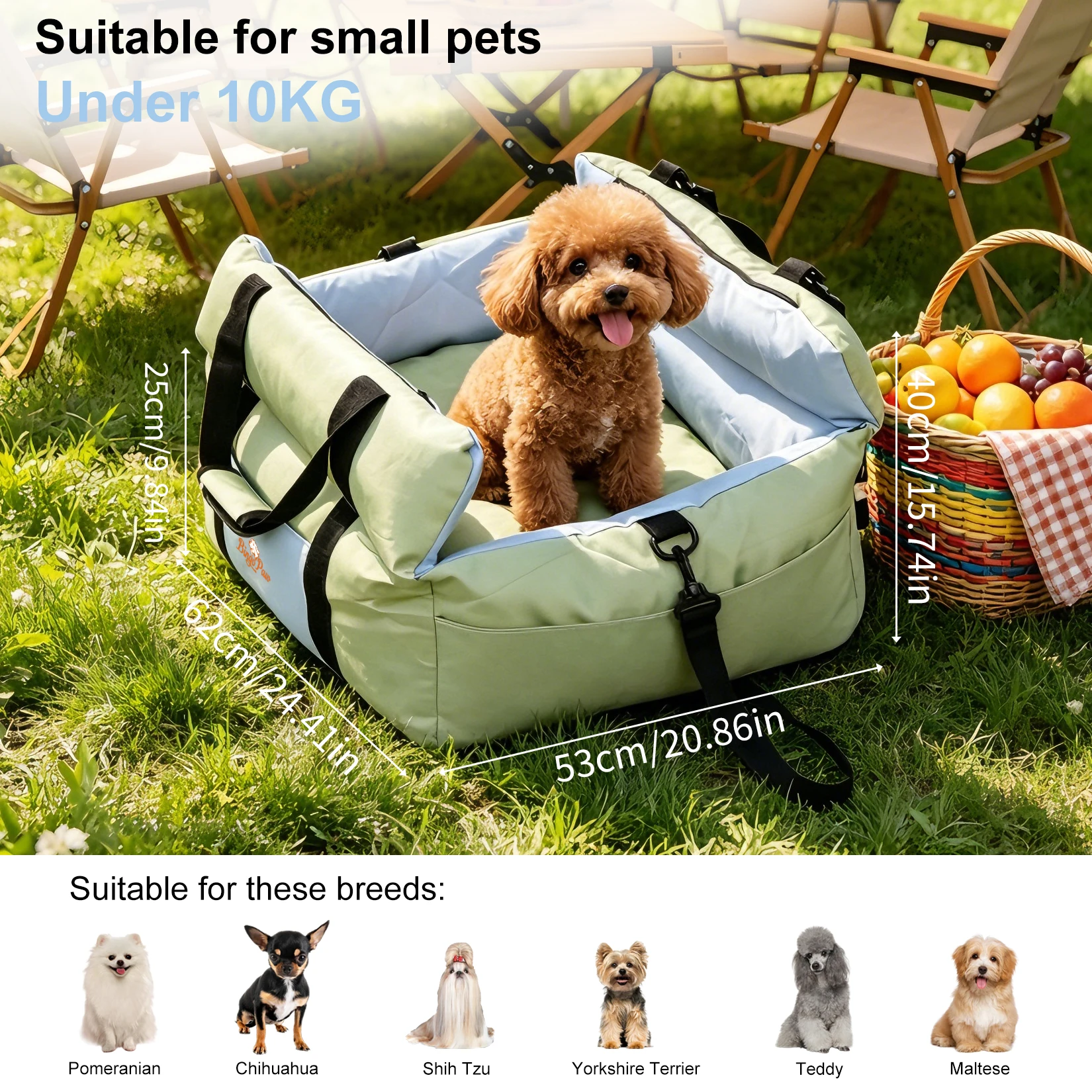 Portable Dog Car Seat Pet Dog Booster Seat Puppy Travel Carrier Bed with Safety Belt Storage Pocket Removable Washable Cover