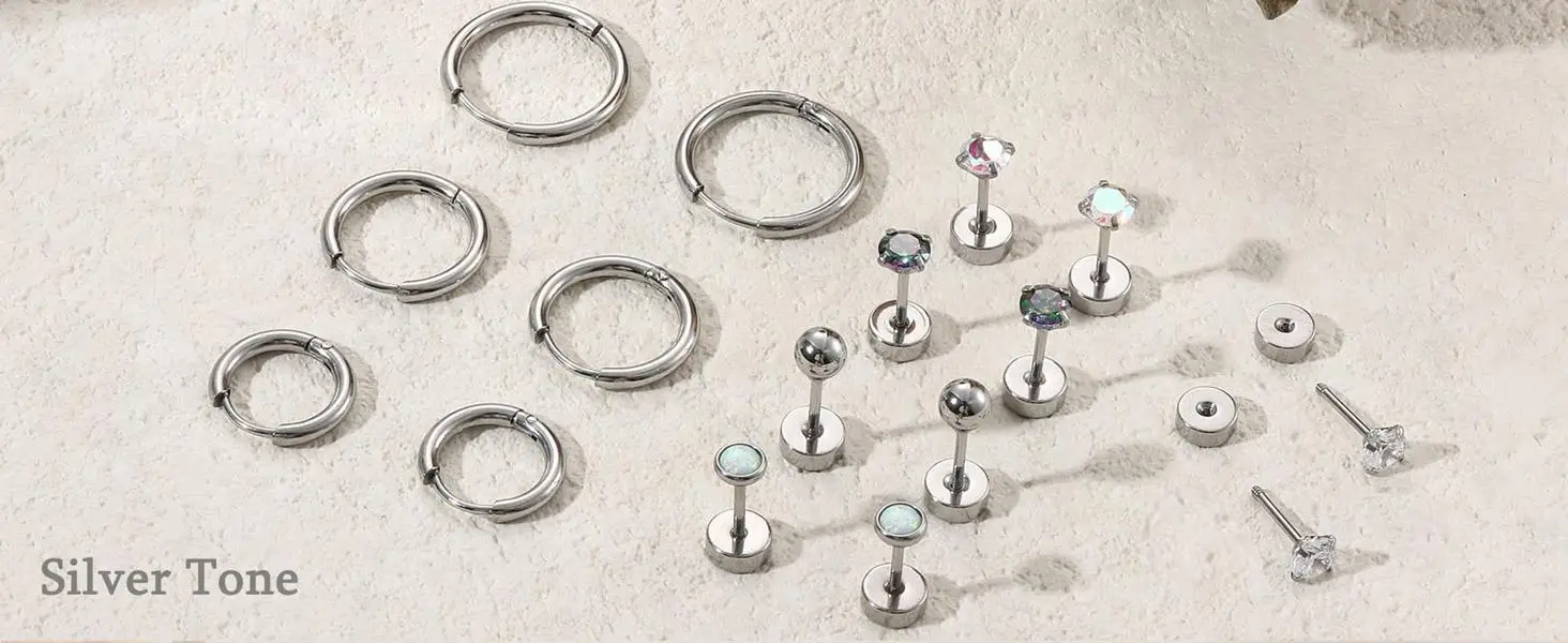 Surgical Steel Earrings for Sensitive Ears Hypoallergenic 20G Stainless Steel Stud Hoop Earrings for Women Men Small Opal Ball CZ Surgical Steel Flat Back Earrings Cartilage Earrings Hoop Stud
