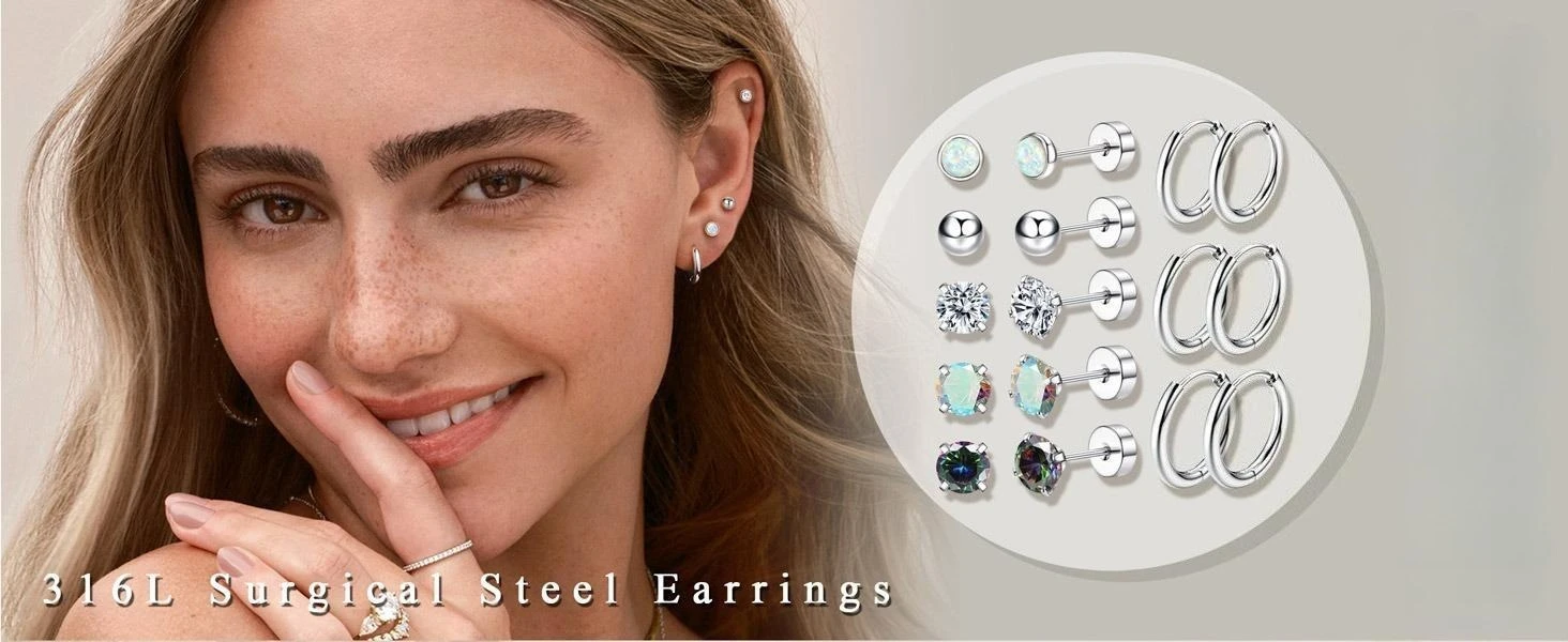 Surgical Steel Earrings for Sensitive Ears Hypoallergenic 20G Stainless Steel Stud Hoop Earrings for Women Men Small Opal Ball CZ Surgical Steel Flat Back Earrings Cartilage Earrings Hoop Stud