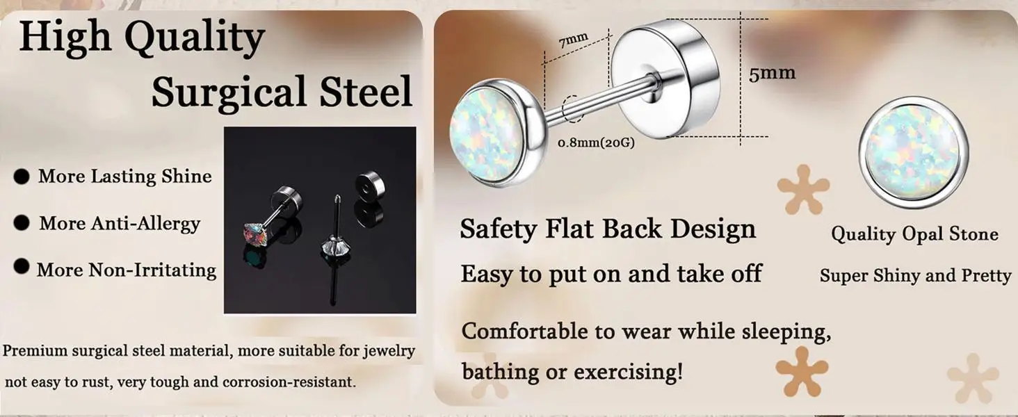 Surgical Steel Earrings for Sensitive Ears Hypoallergenic 20G Stainless Steel Stud Hoop Earrings for Women Men Small Opal Ball CZ Surgical Steel Flat Back Earrings Cartilage Earrings Hoop Stud