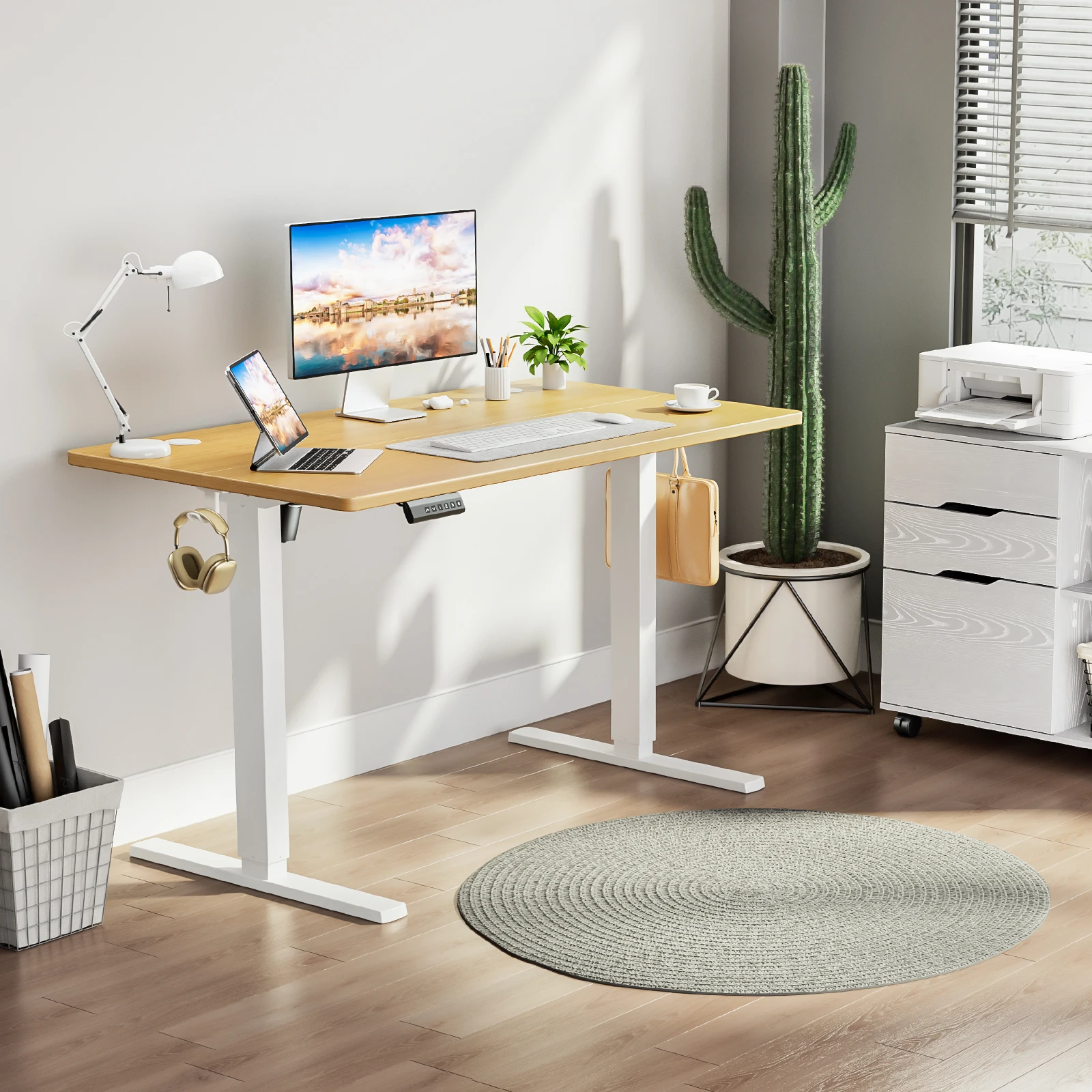 MCQ 55x24 Inch Electric Office Computer Desk with Wooden Desktop Ergonomic Height Adjustable Gaming Corner Table for Home Office