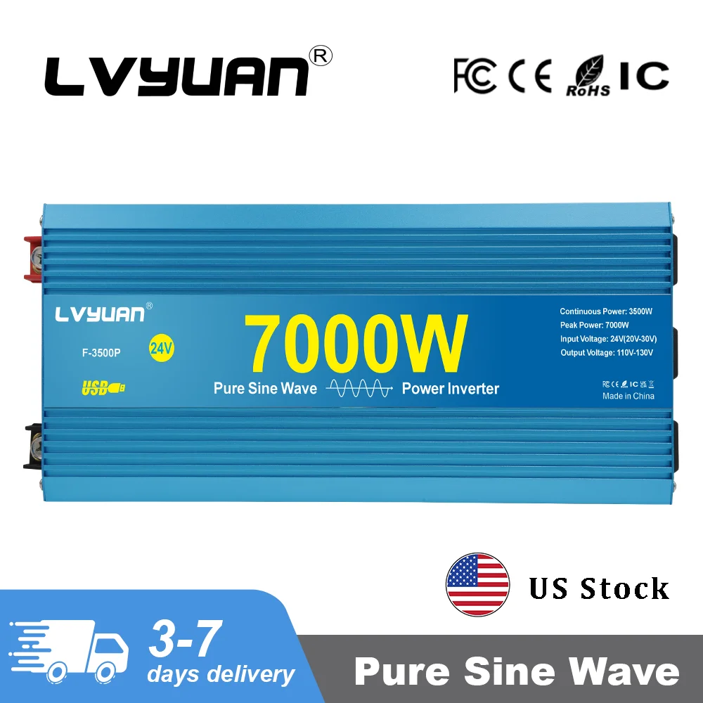 4000W/7000W Pure Sine Wave Inverter DC12V 24V to AC110V-120V 60Hz with 3 US Socket 2 USB for RV/Van life/Truck/Camping/Emergency Power