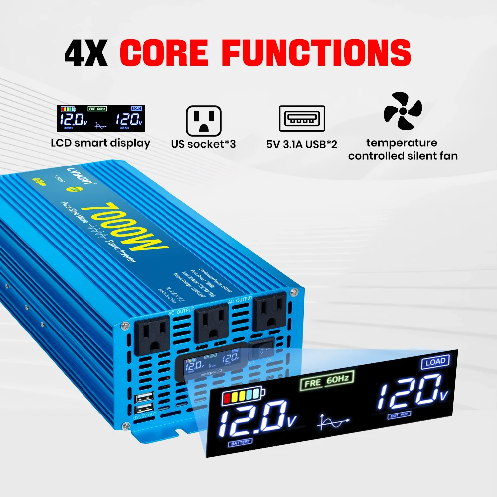 4000W/7000W Pure Sine Wave Inverter DC12V 24V to AC110V-120V 60Hz with 3 US Socket 2 USB for RV/Van life/Truck/Camping/Emergency Power