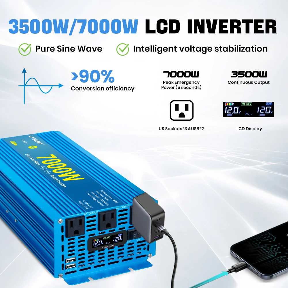 4000W/7000W Pure Sine Wave Inverter DC12V 24V to AC110V-120V 60Hz with 3 US Socket 2 USB for RV/Van life/Truck/Camping/Emergency Power