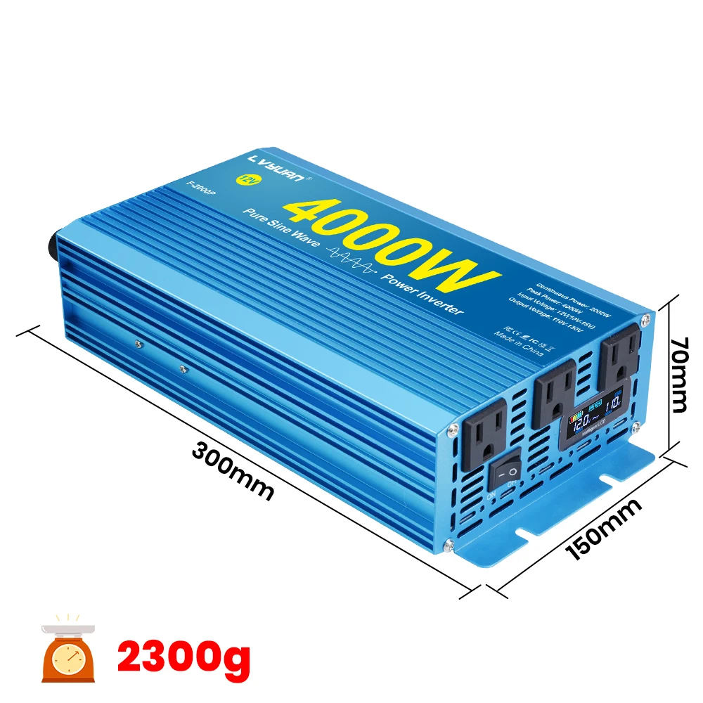 4000W/7000W Pure Sine Wave Inverter DC12V 24V to AC110V-120V 60Hz with 3 US Socket 2 USB for RV/Van life/Truck/Camping/Emergency Power