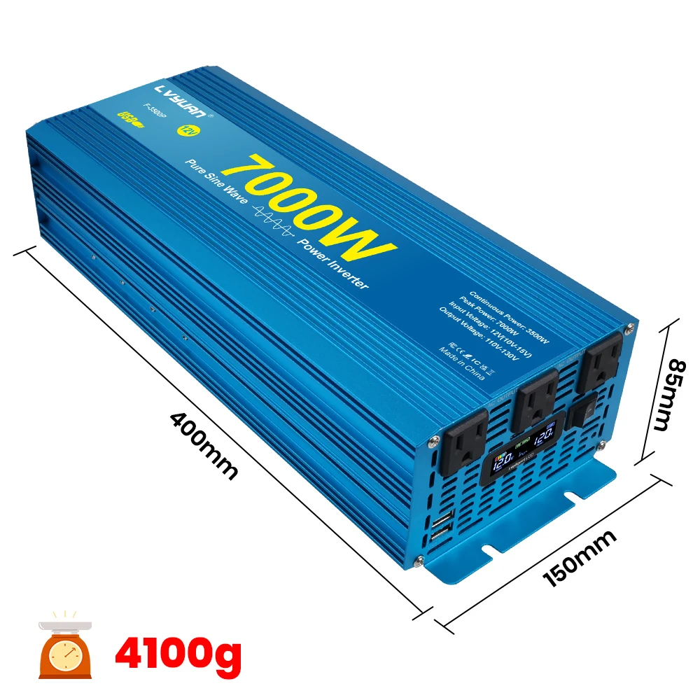 4000W/7000W Pure Sine Wave Inverter DC12V 24V to AC110V-120V 60Hz with 3 US Socket 2 USB for RV/Van life/Truck/Camping/Emergency Power