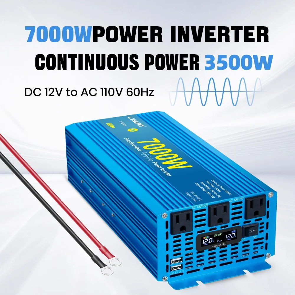 4000W/7000W Pure Sine Wave Inverter DC12V 24V to AC110V-120V 60Hz with 3 US Socket 2 USB for RV/Van life/Truck/Camping/Emergency Power