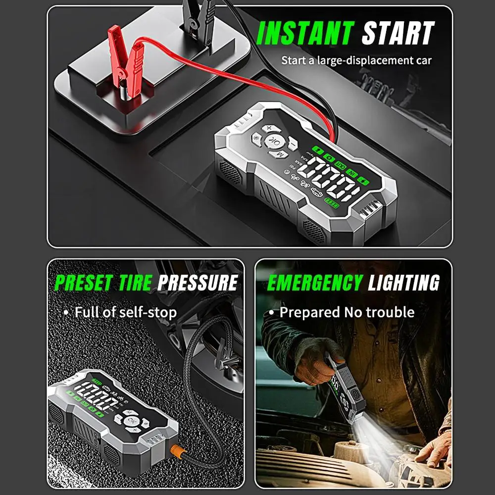 3000A Peak Portable Car Jump Starter 6400mAh Battery Booster Pack Built-in 150PSI Tire Inflator LED Emergency Light USB Charger For Auto Motorcycle Roadside Emergency Kit