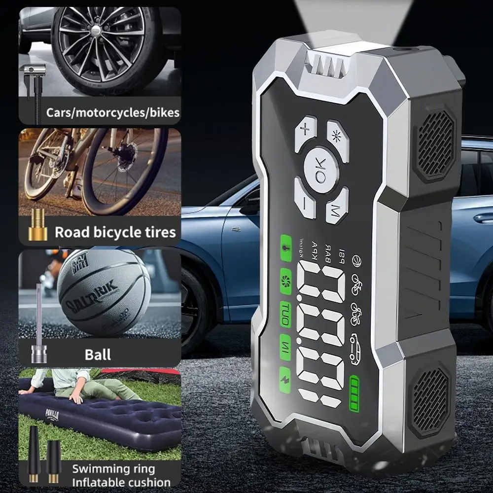 3000A Peak Portable Car Jump Starter 6400mAh Battery Booster Pack Built-in 150PSI Tire Inflator LED Emergency Light USB Charger For Auto Motorcycle Roadside Emergency Kit
