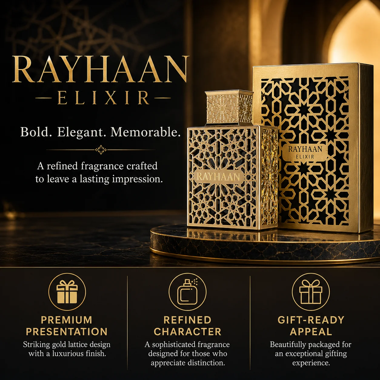 Luxury Gold Hollow Metal Rayhaan Elixir Mens Cologne Long Lasting Arabic Oriental Elixir Scent Men Perfume Gift Box For Men Holiday Birthday Present